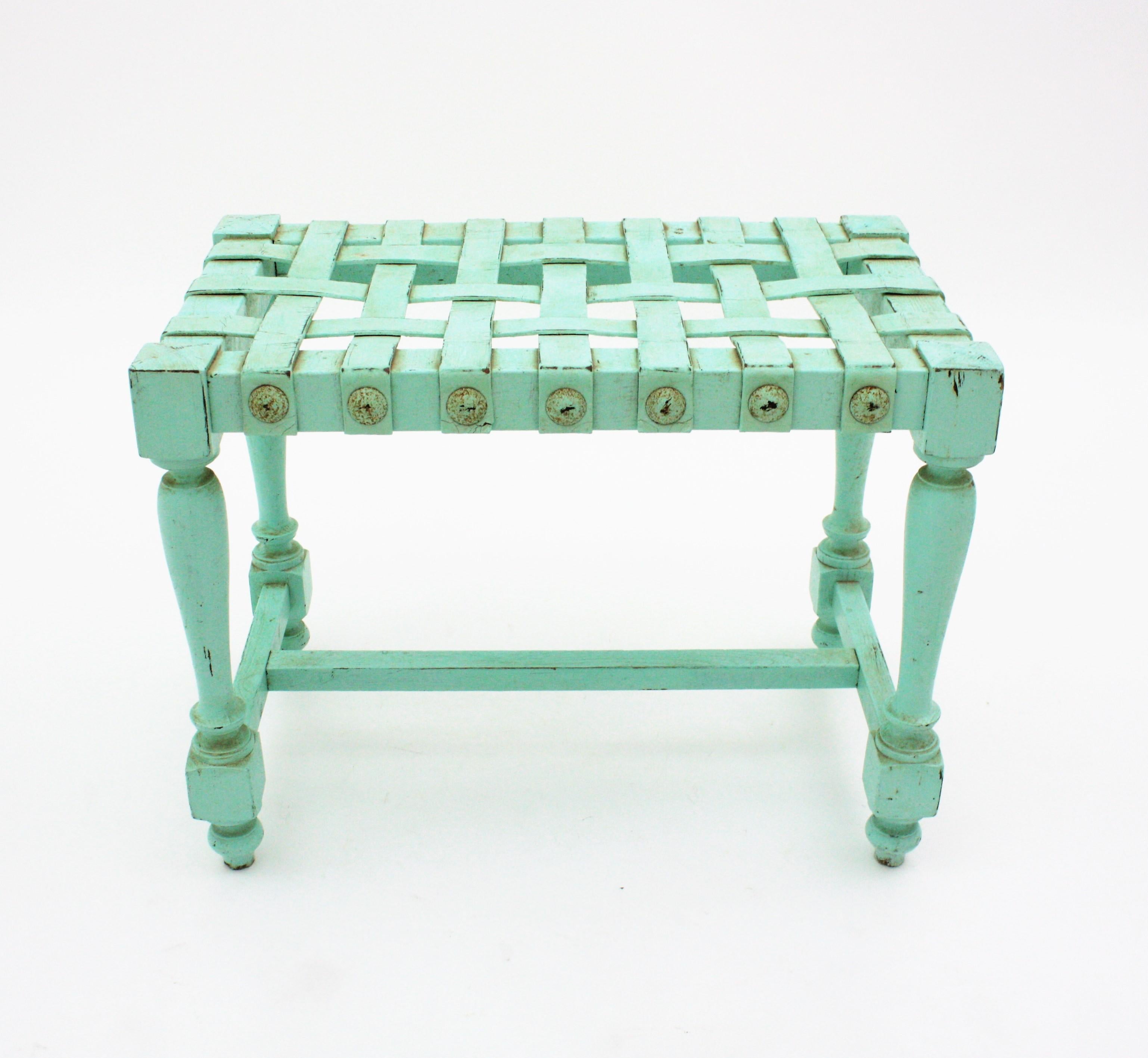 Brutalist Spanish Stool in Turquoise Patinated Oak Wook with Woven Leather Seat For Sale