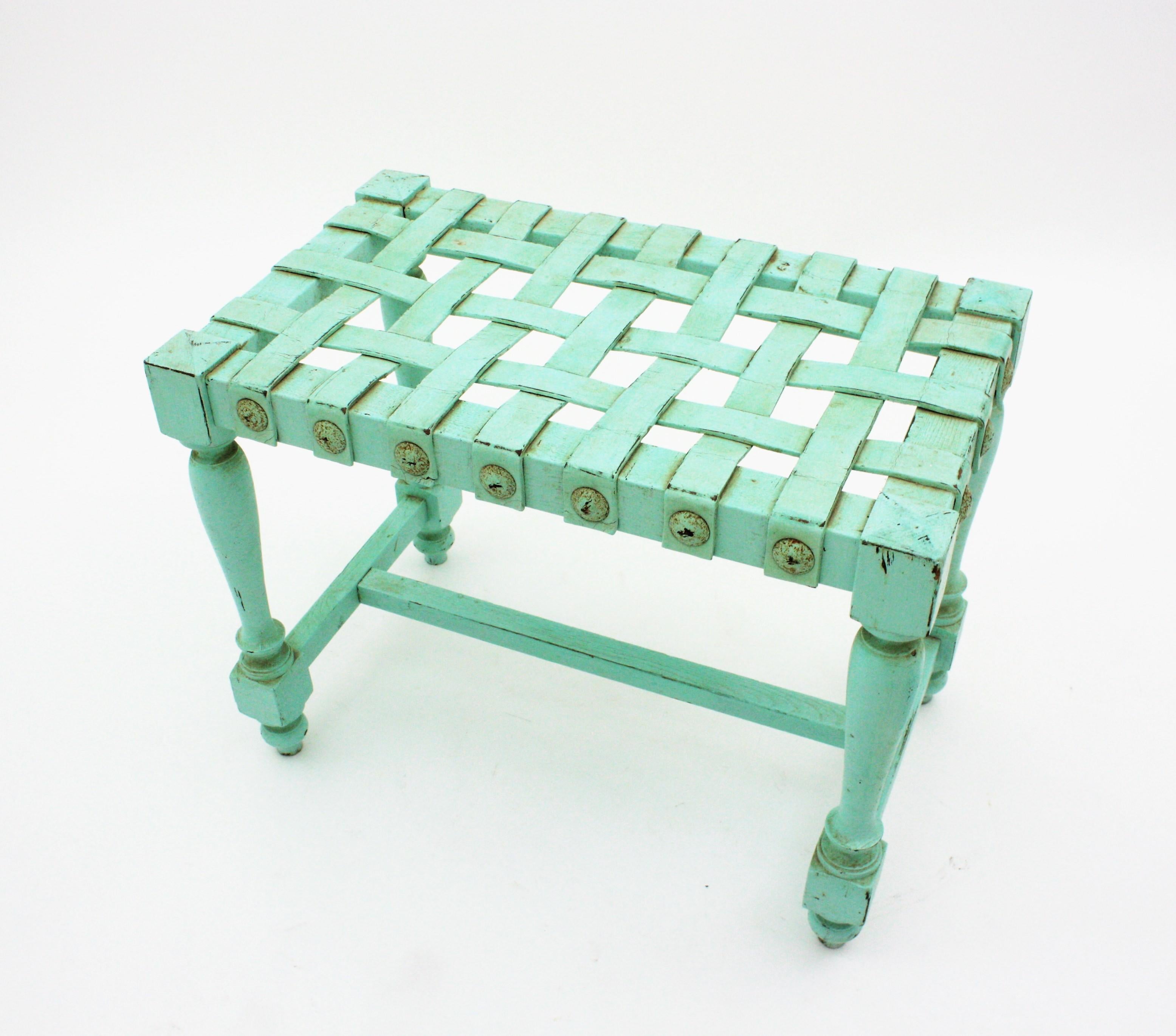 20th Century Spanish Stool in Turquoise Patinated Oak Wook with Woven Leather Seat For Sale