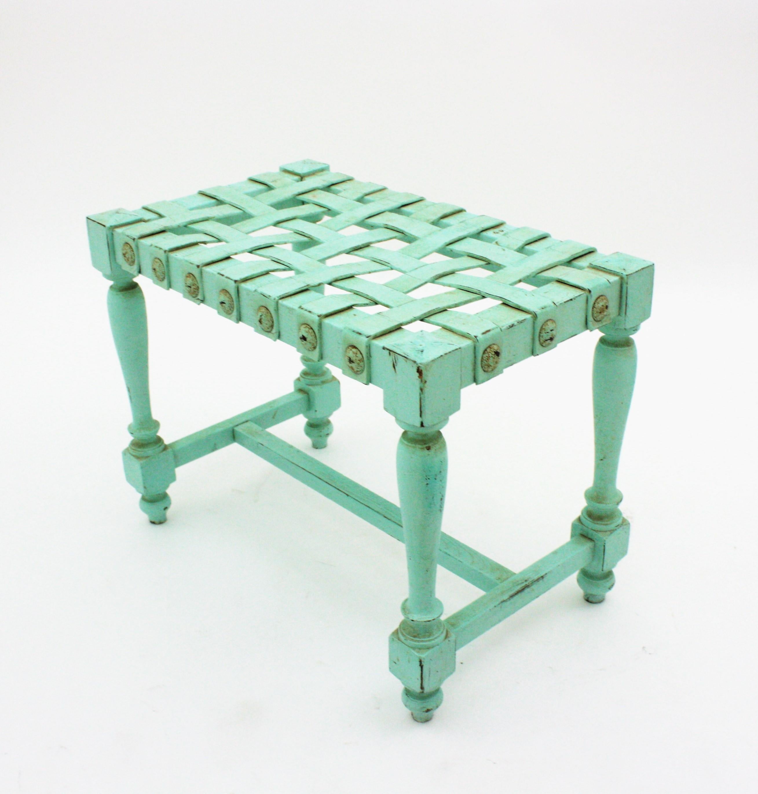 Wood Spanish Stool in Turquoise Patinated Oak Wook with Woven Leather Seat For Sale