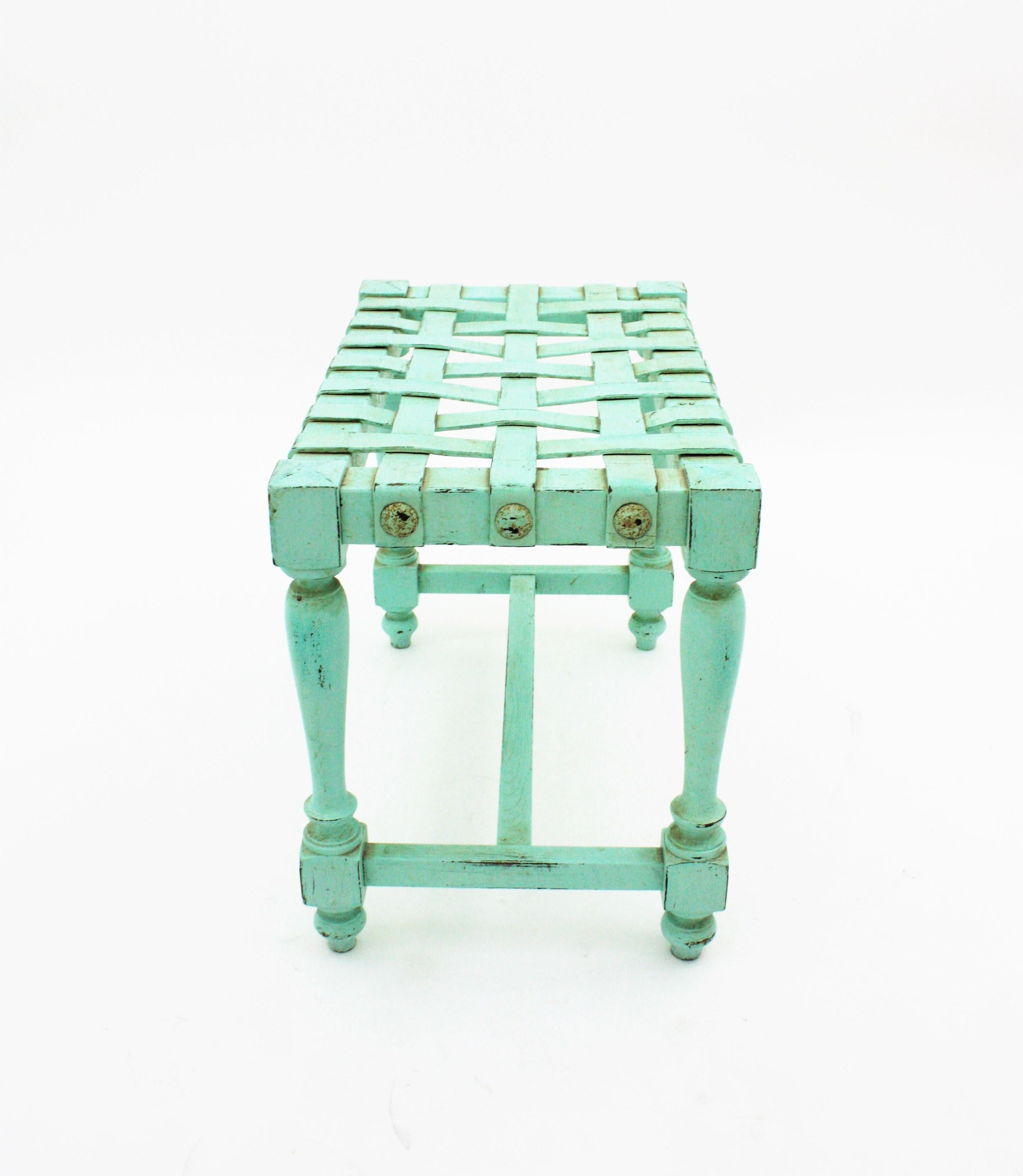Spanish Stool in Turquoise Patinated Oak Wook with Woven Leather Seat For Sale 2