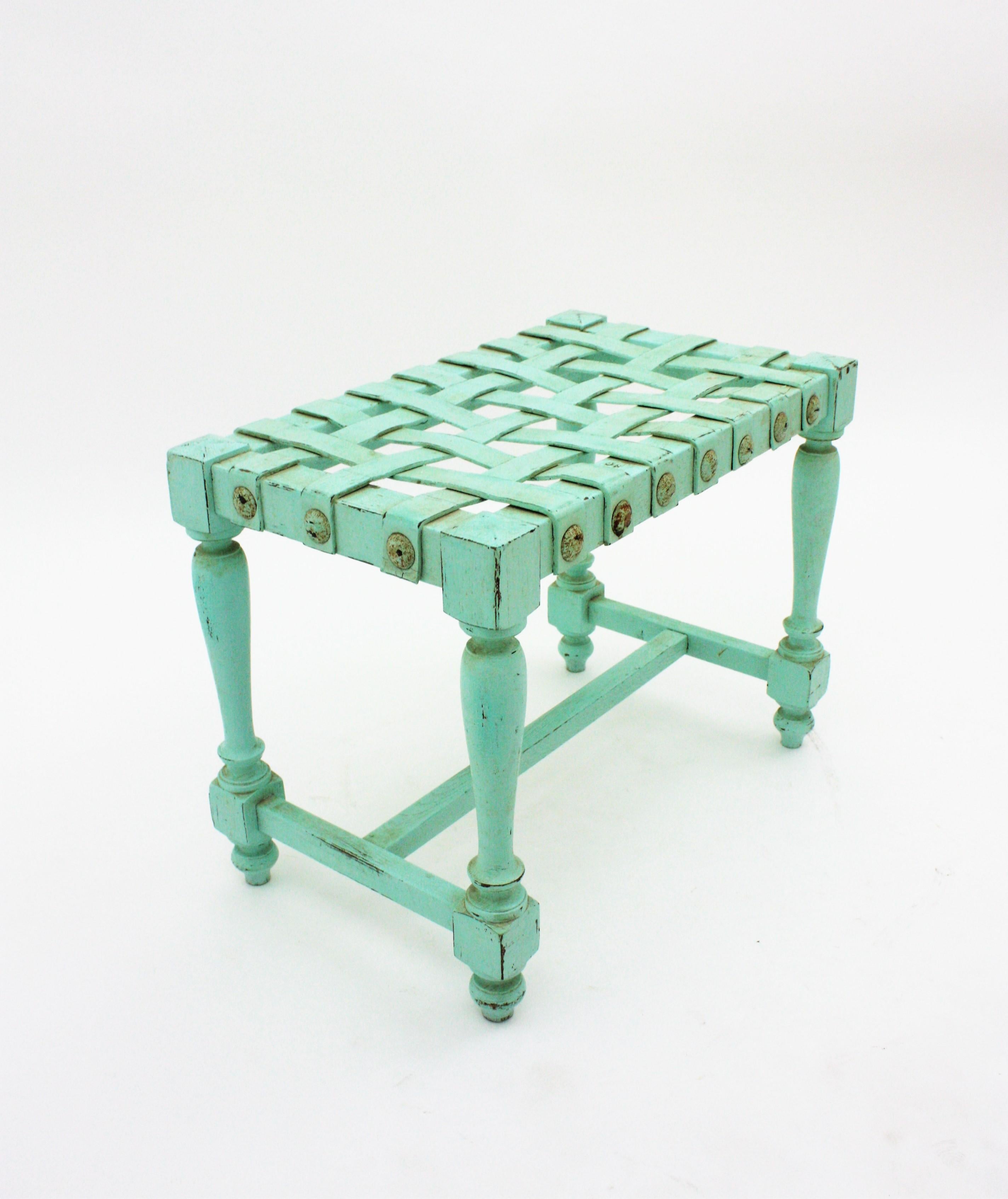 Spanish Stool in Turquoise Patinated Oak Wook with Woven Leather Seat For Sale 3