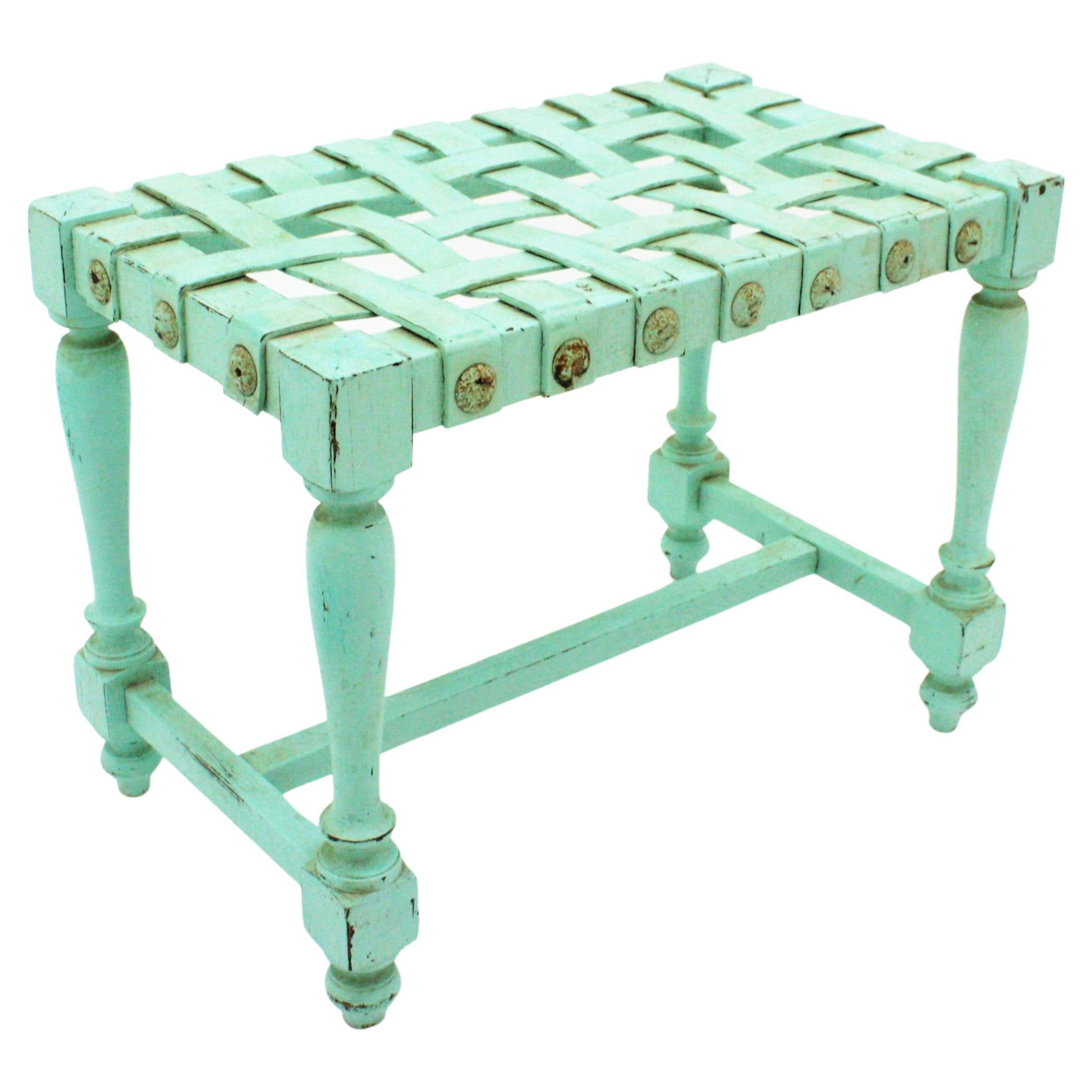 Spanish Stool in Turquoise Patinated Oak Wook with Woven Leather Seat For Sale