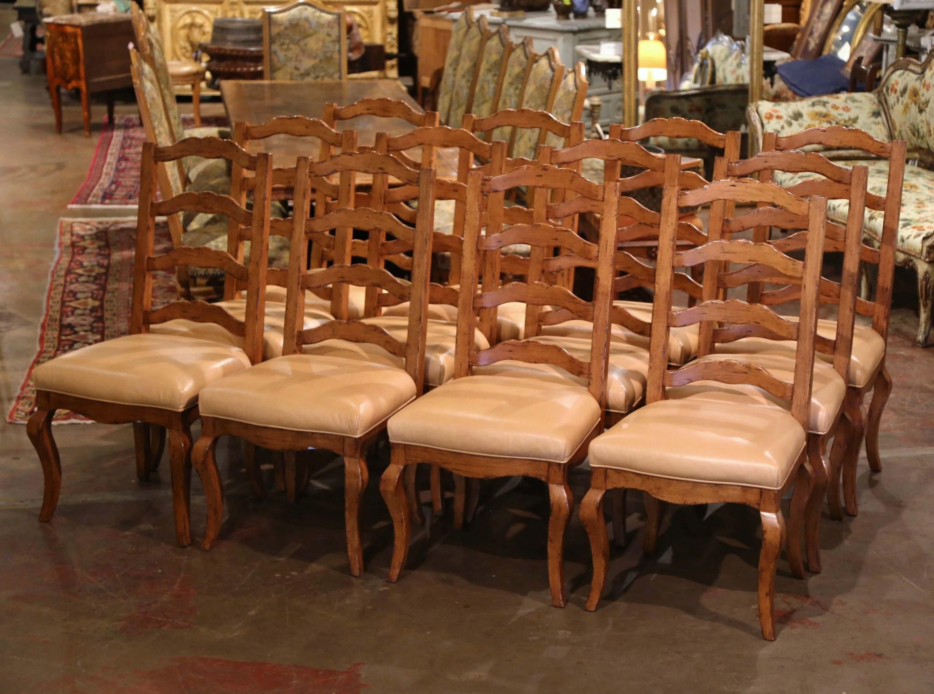 Spanish Style Carved Walnut Refectory Trestle Dining Table and 12 Leather Chairs 3