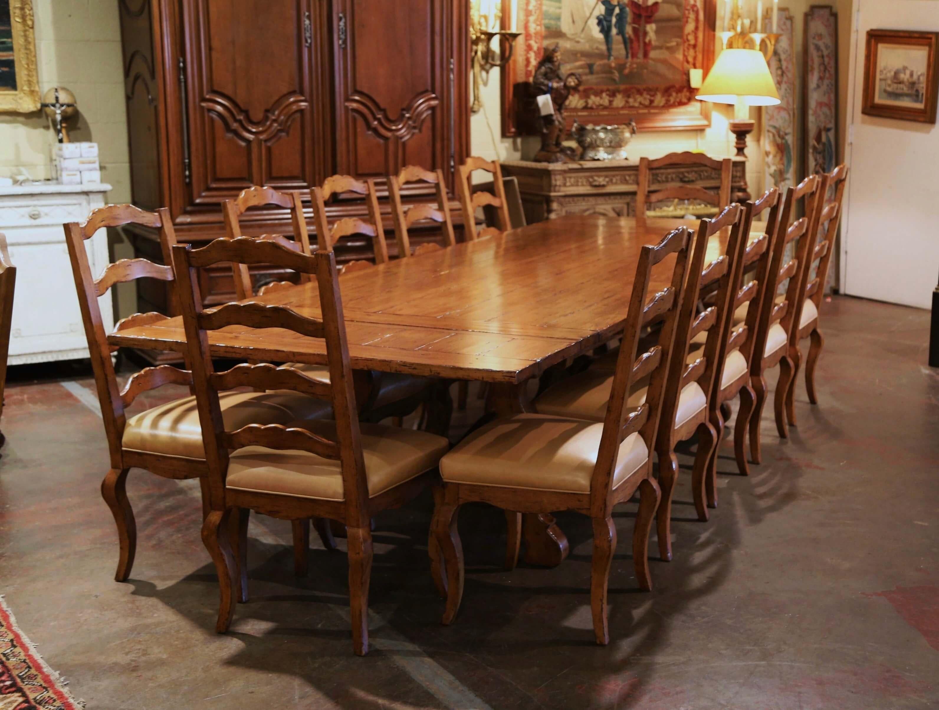 Spanish Style Carved Walnut Refectory Trestle Dining Table and 12 Leather Chairs 6