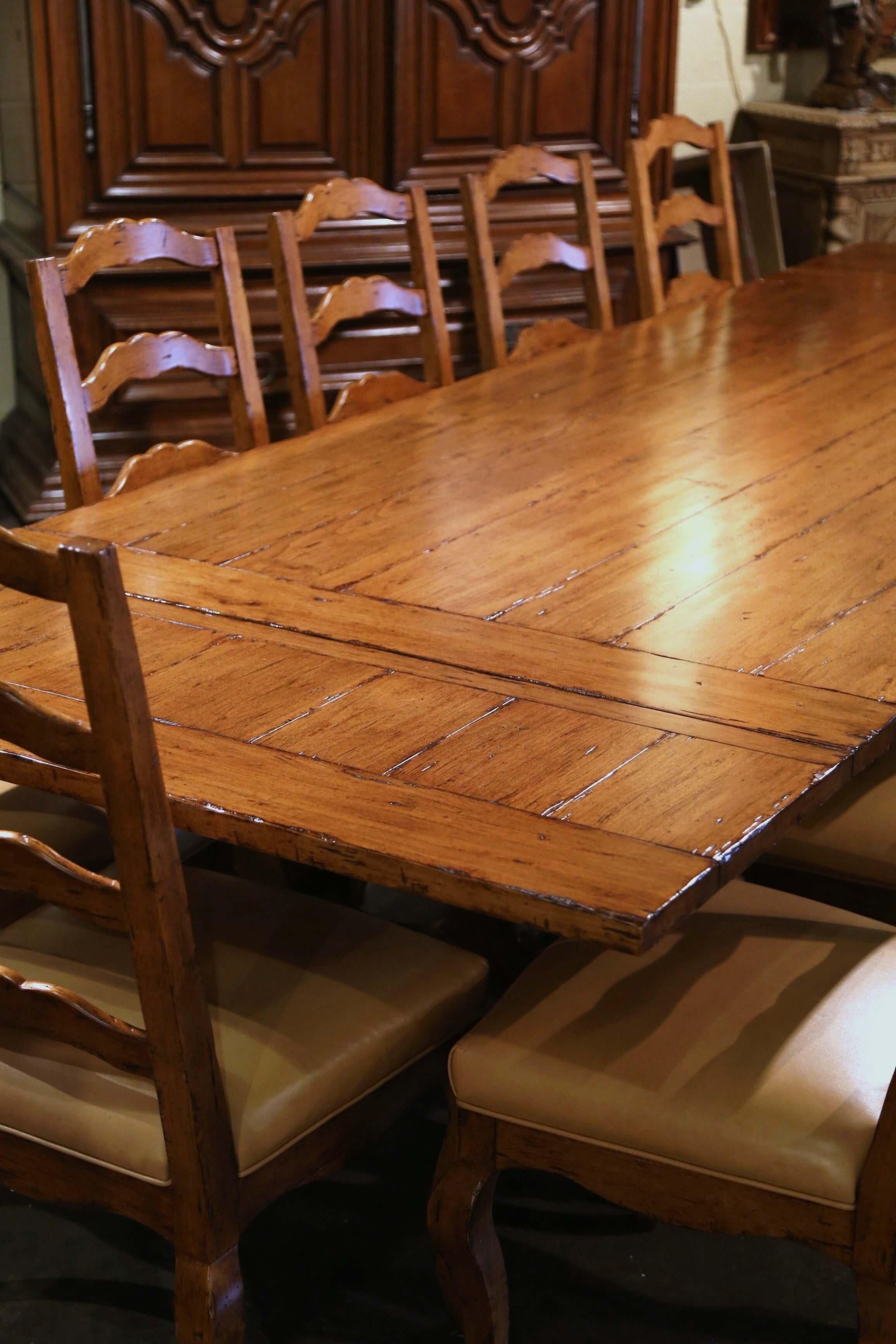 Spanish Style Carved Walnut Refectory Trestle Dining Table and 12 Leather Chairs 7