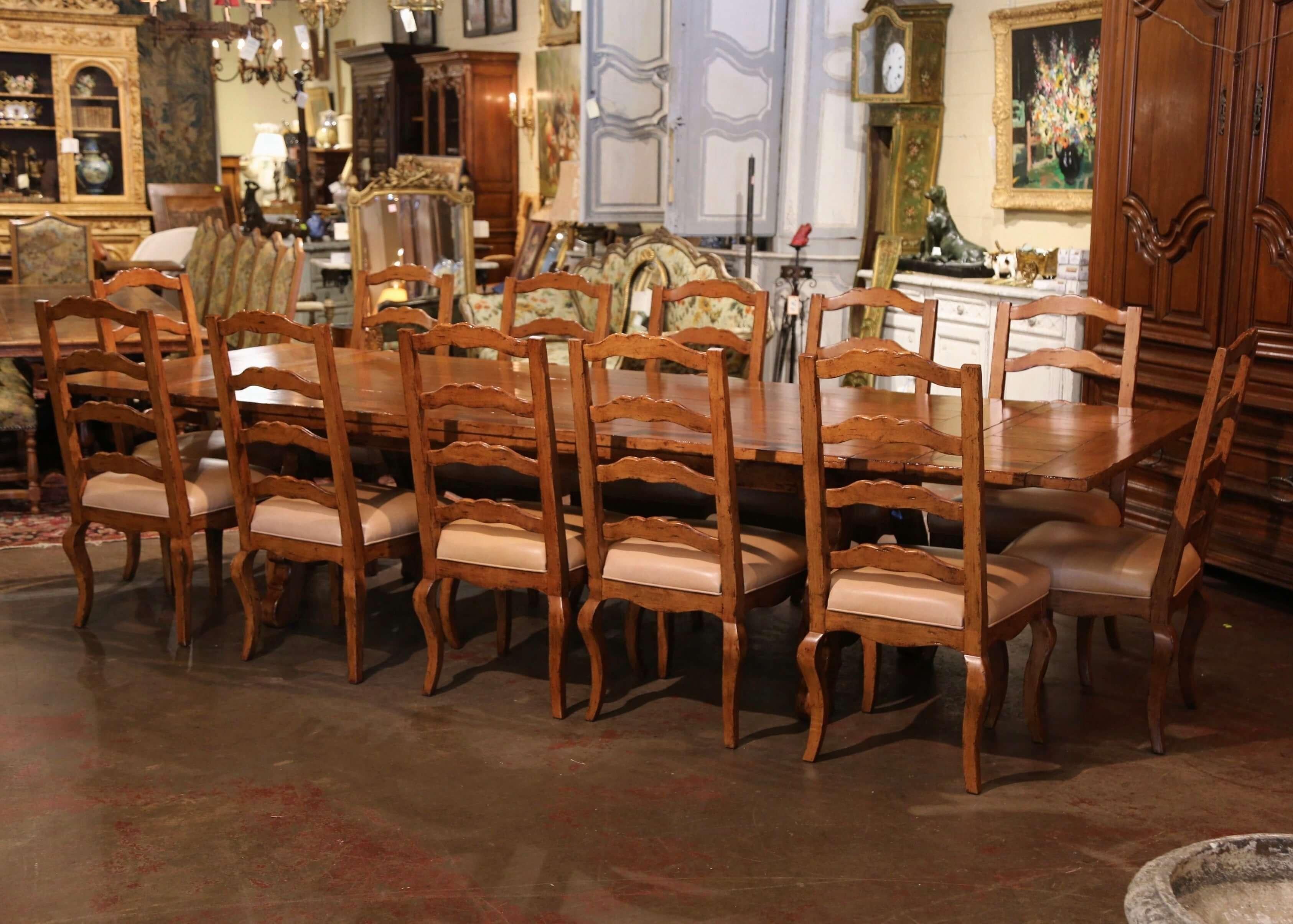 Spanish Style Carved Walnut Refectory Trestle Dining Table and 12 Leather Chairs 8
