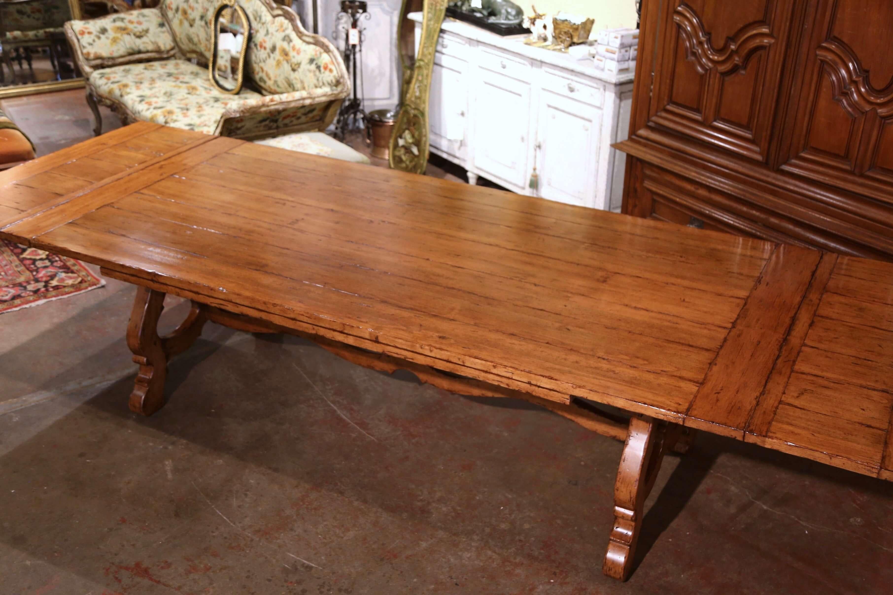 Spanish Style Carved Walnut Refectory Trestle Dining Table and 12 Leather Chairs 9