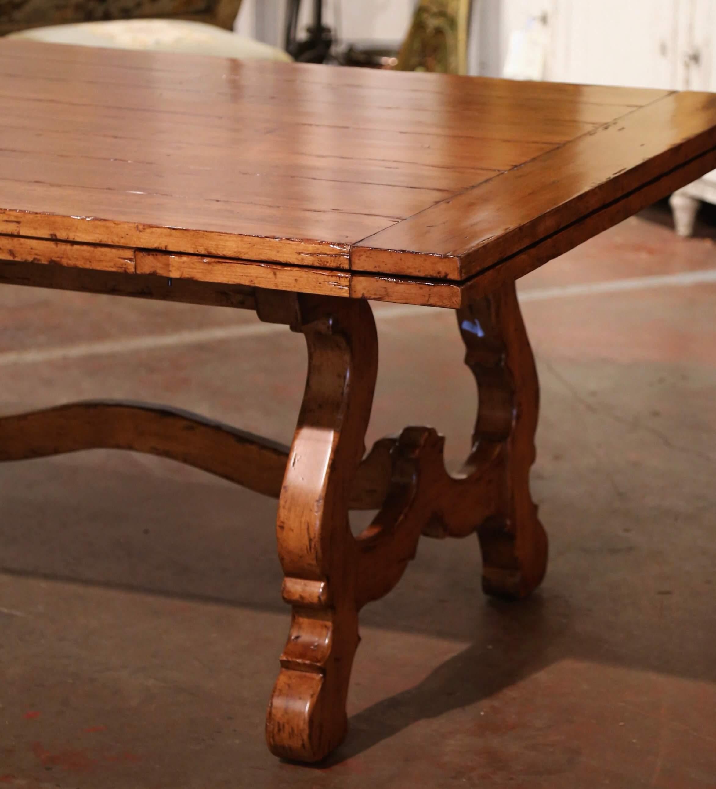 Spanish Style Carved Walnut Refectory Trestle Dining Table and 12 Leather Chairs 10