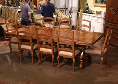Spanish Style Carved Walnut Refectory Trestle Dining Table and 12 Leather Chairs