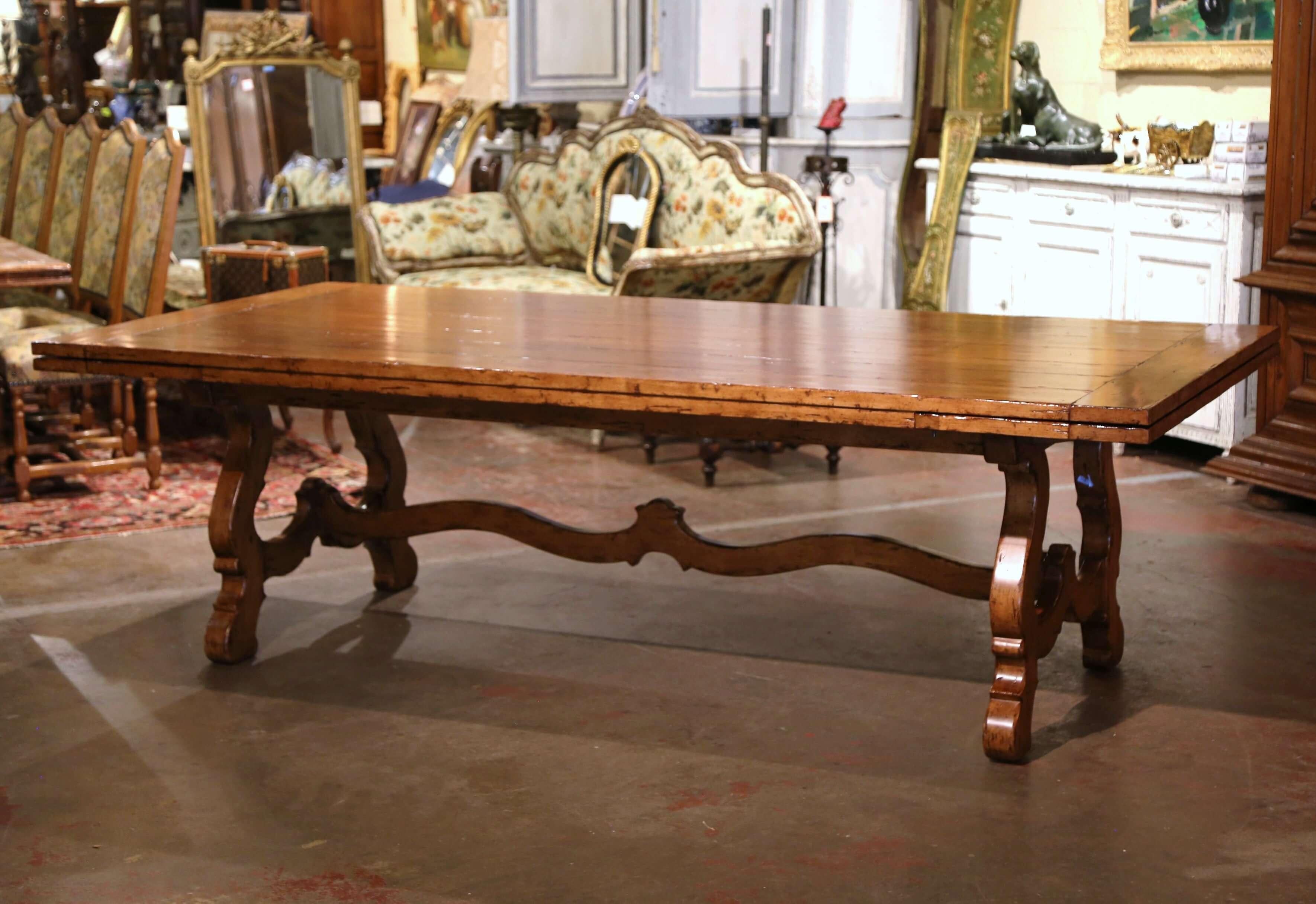 Italian Spanish Style Carved Walnut Refectory Trestle Dining Table and 12 Leather Chairs