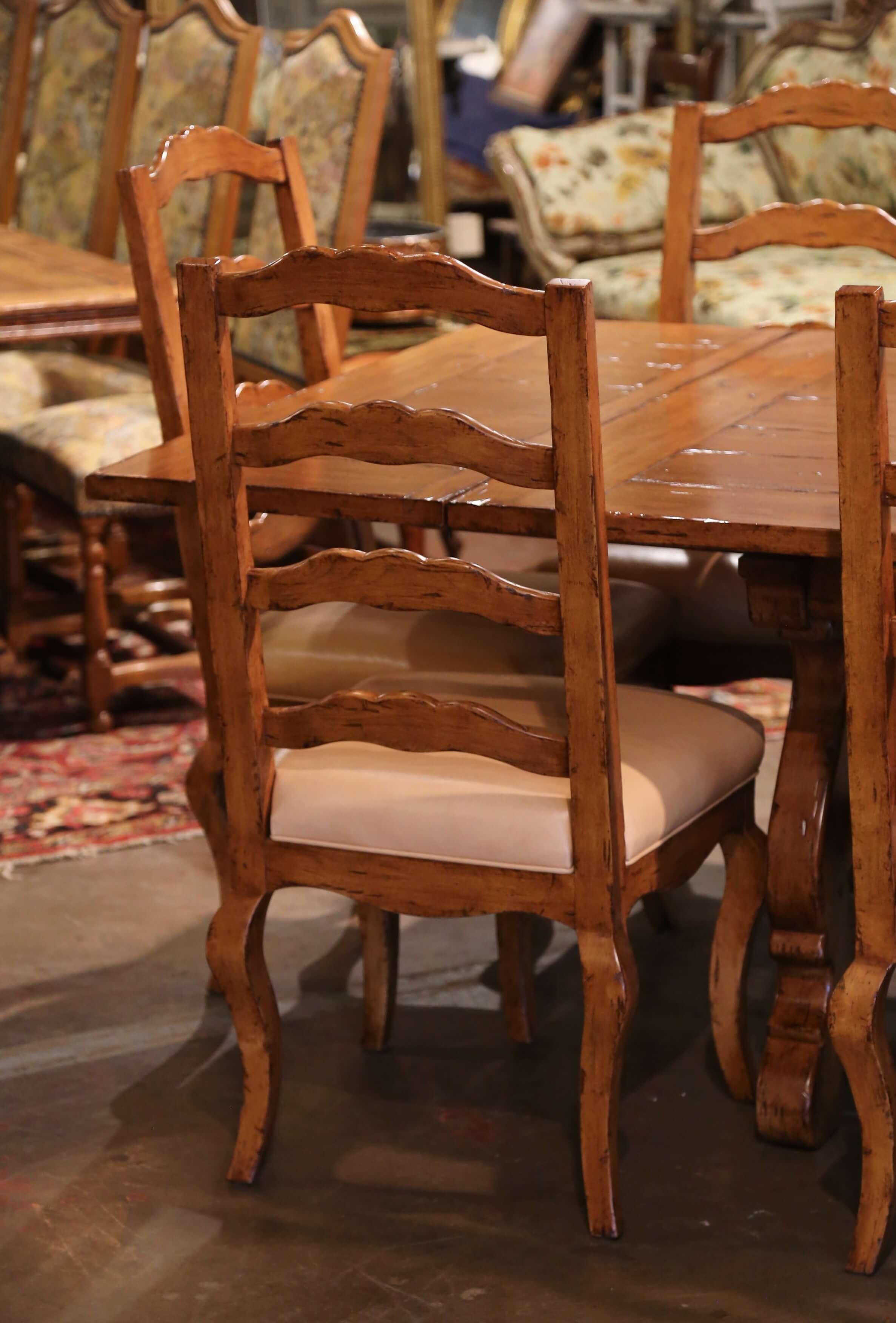 Hand-Carved Spanish Style Carved Walnut Refectory Trestle Dining Table and 12 Leather Chairs