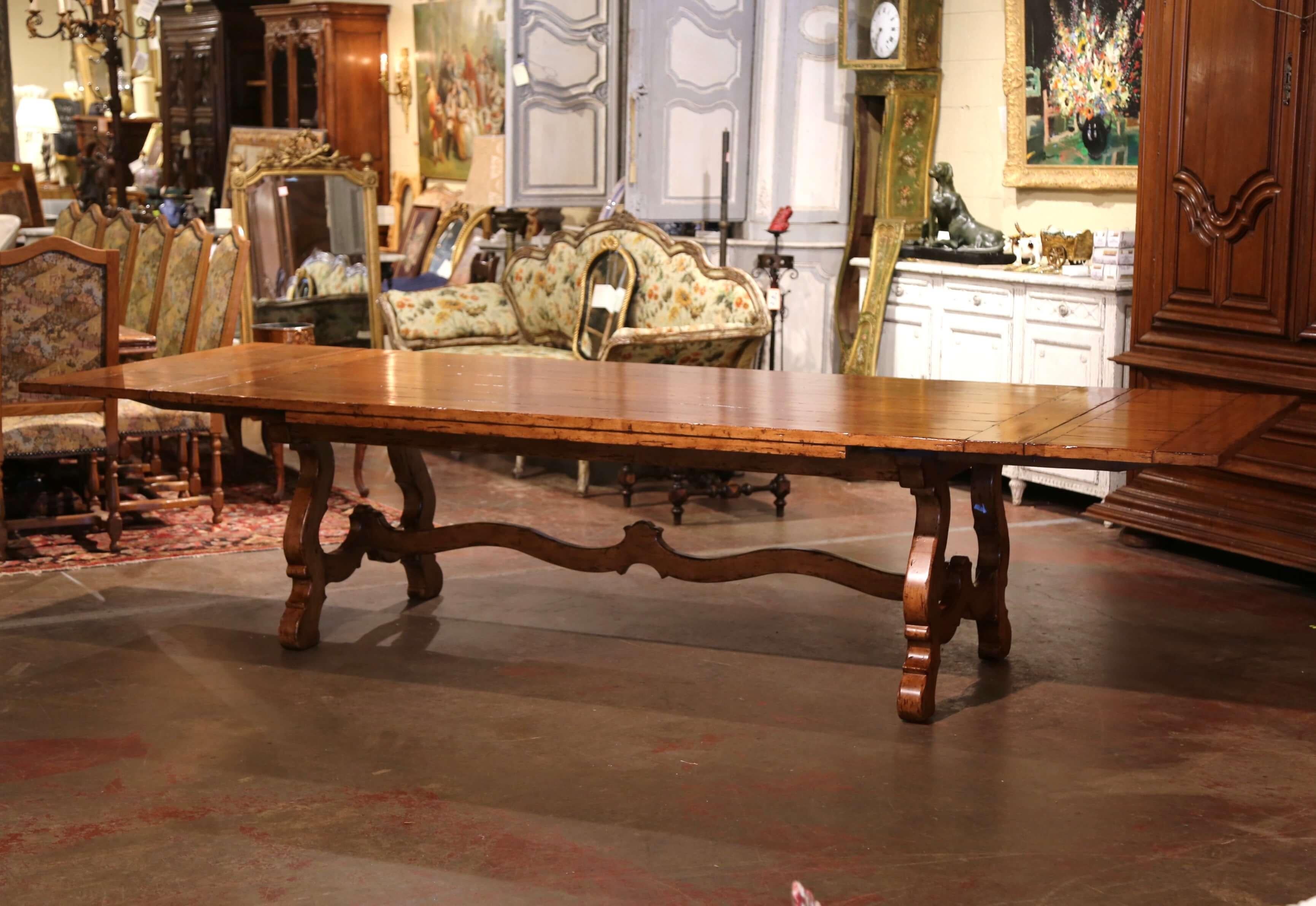 Contemporary Spanish Style Carved Walnut Refectory Trestle Dining Table and 12 Leather Chairs