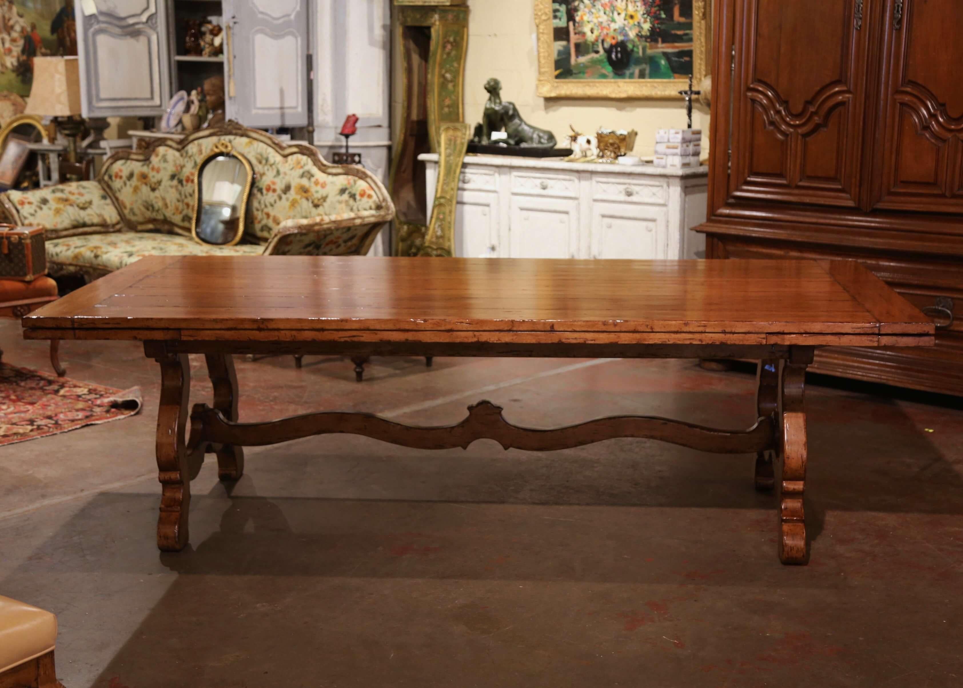 Spanish Style Carved Walnut Refectory Trestle Dining Table and 12 Leather Chairs 2