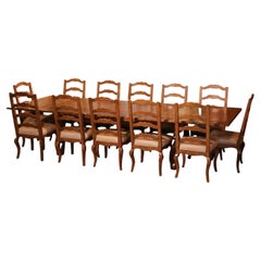 Spanish Style Carved Walnut Refectory Trestle Dining Table and 12 Leather Chairs
