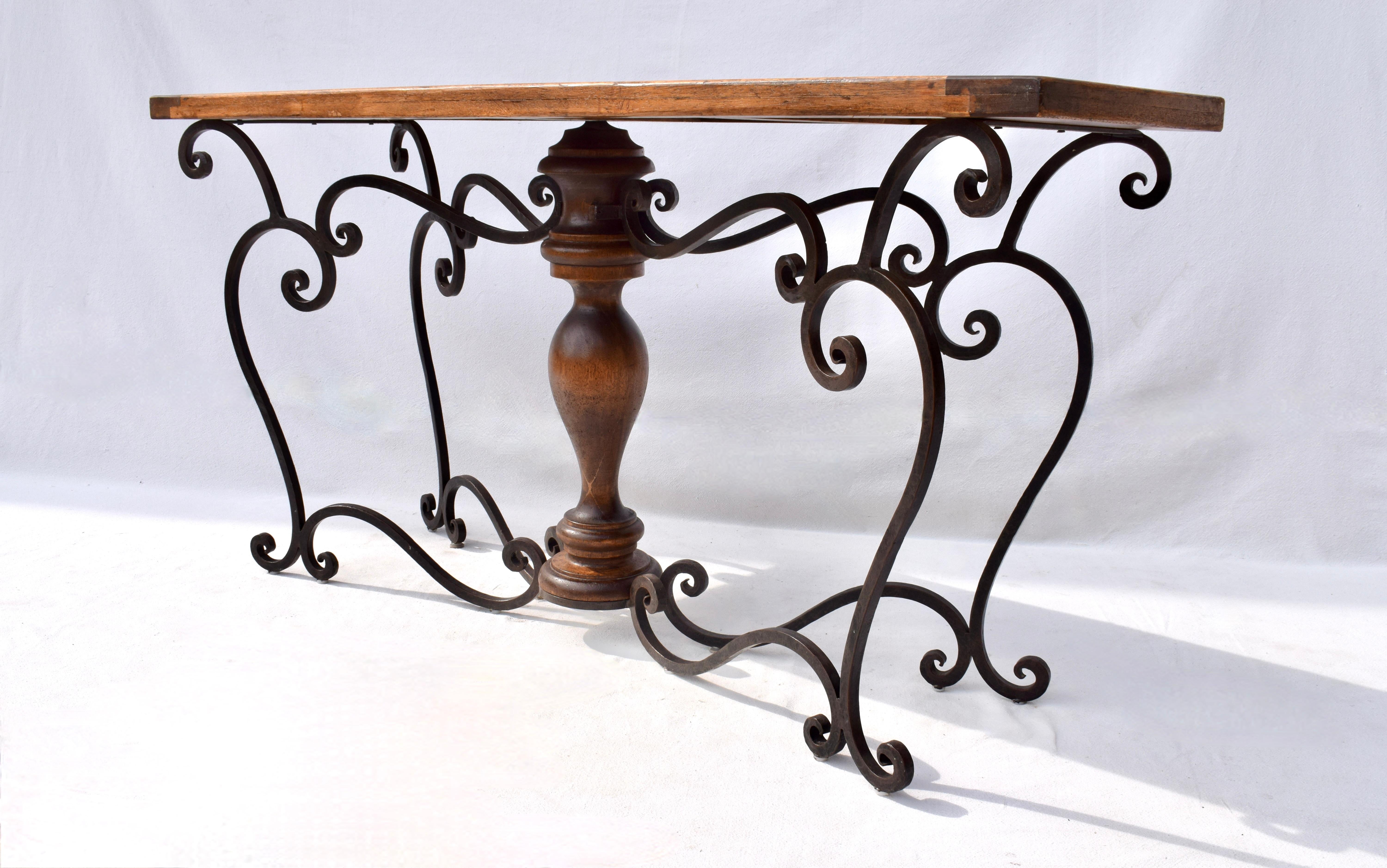 Spanish Colonial Spanish Style Forged Iron Mahogany Console Table For Sale