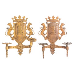 Spanish Style Heraldic Two Light Sconces, pair
