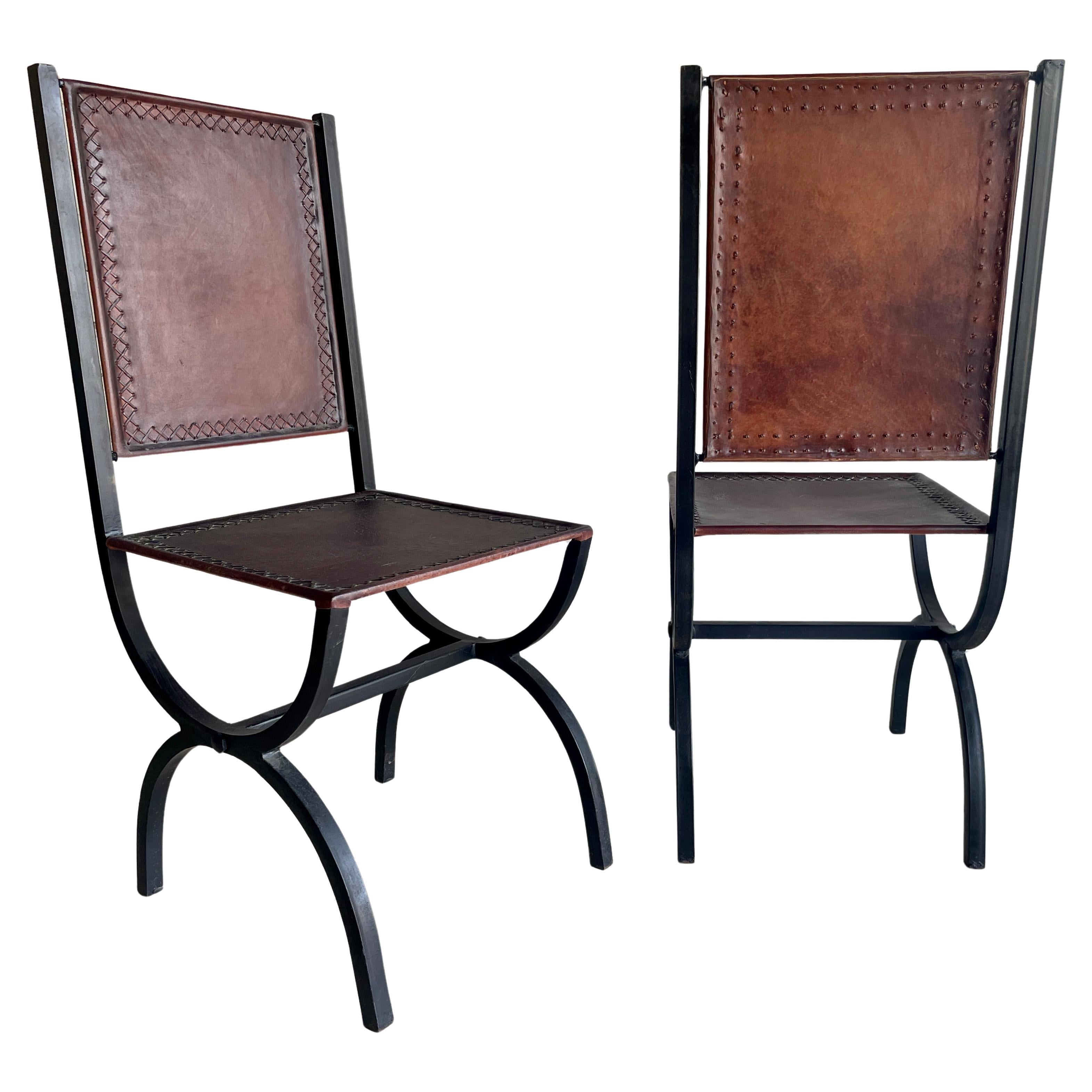 Spanish Style Iron and Leather Side Chairs