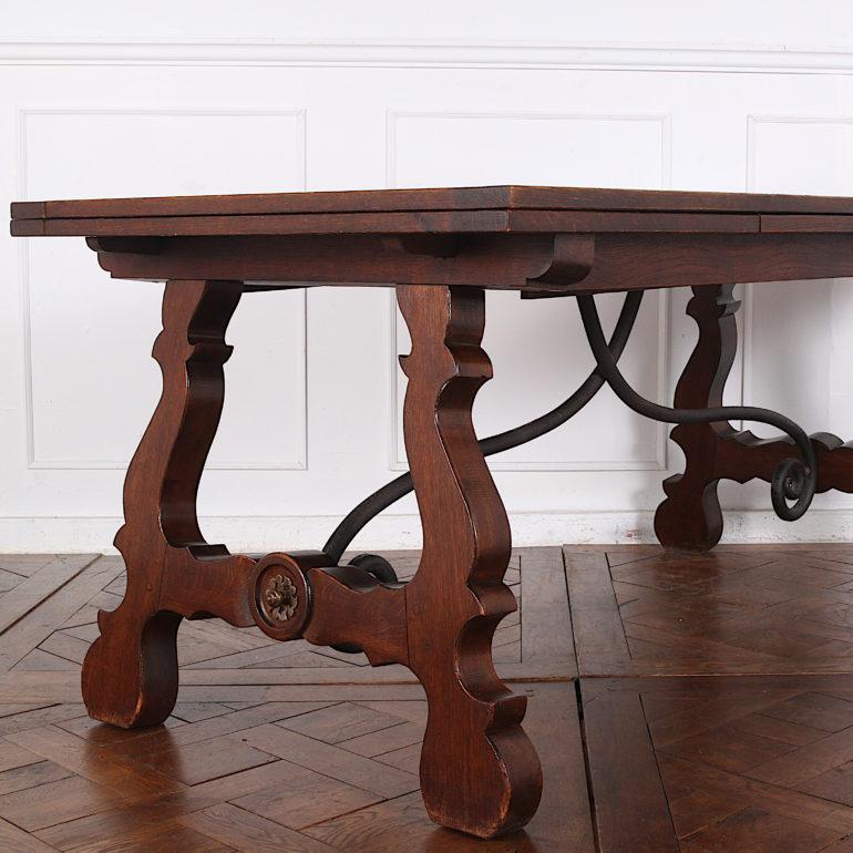 French Spanish Style Oak and Wrought Iron Draw-Leaf Trestle Table