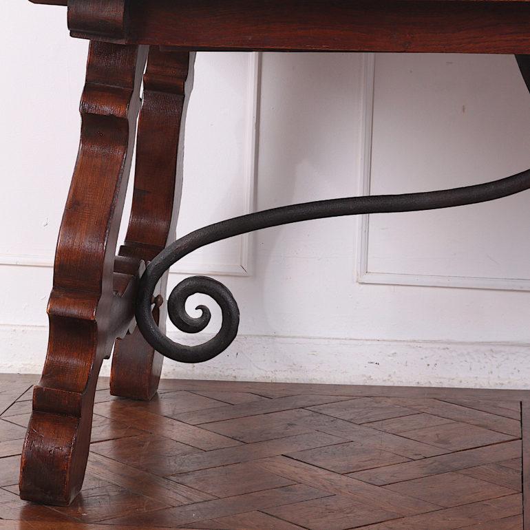 20th Century Spanish Style Oak and Wrought Iron Draw-Leaf Trestle Table