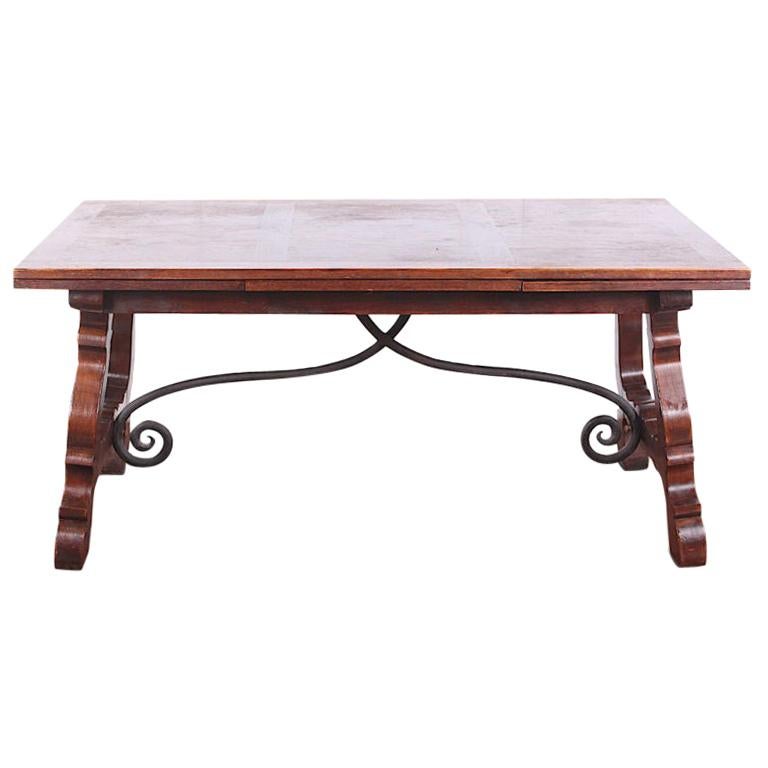 Spanish Style Oak and Wrought Iron Draw-Leaf Trestle Table