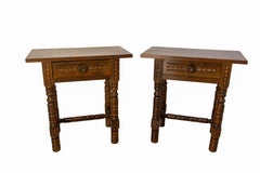 Spanish Style Pair of Nightstand Bedside Table Oak, France Midcentury