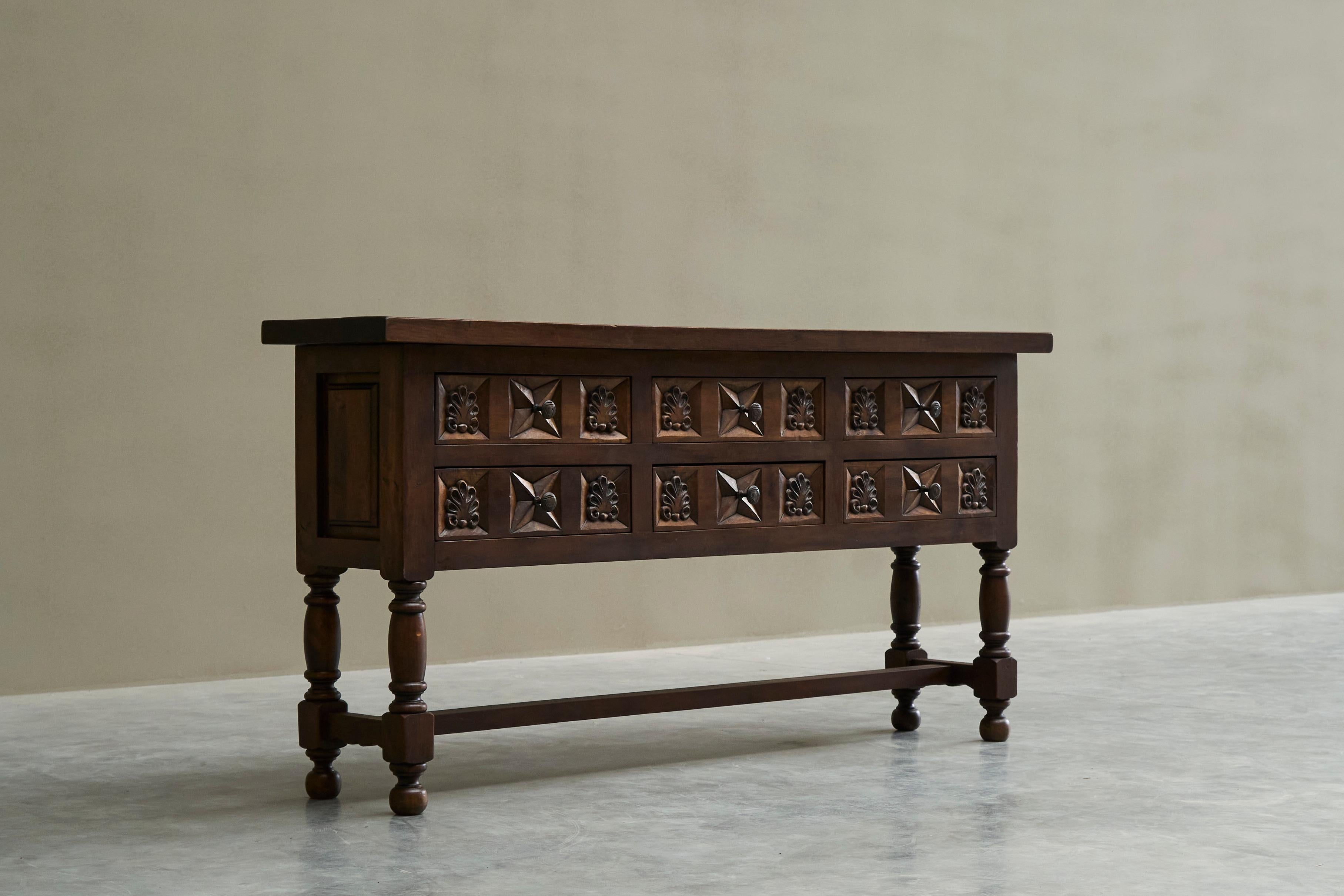 Spanish Style Sideboard in Hand Carved Solid Walnut and Wrought Iron For Sale 3