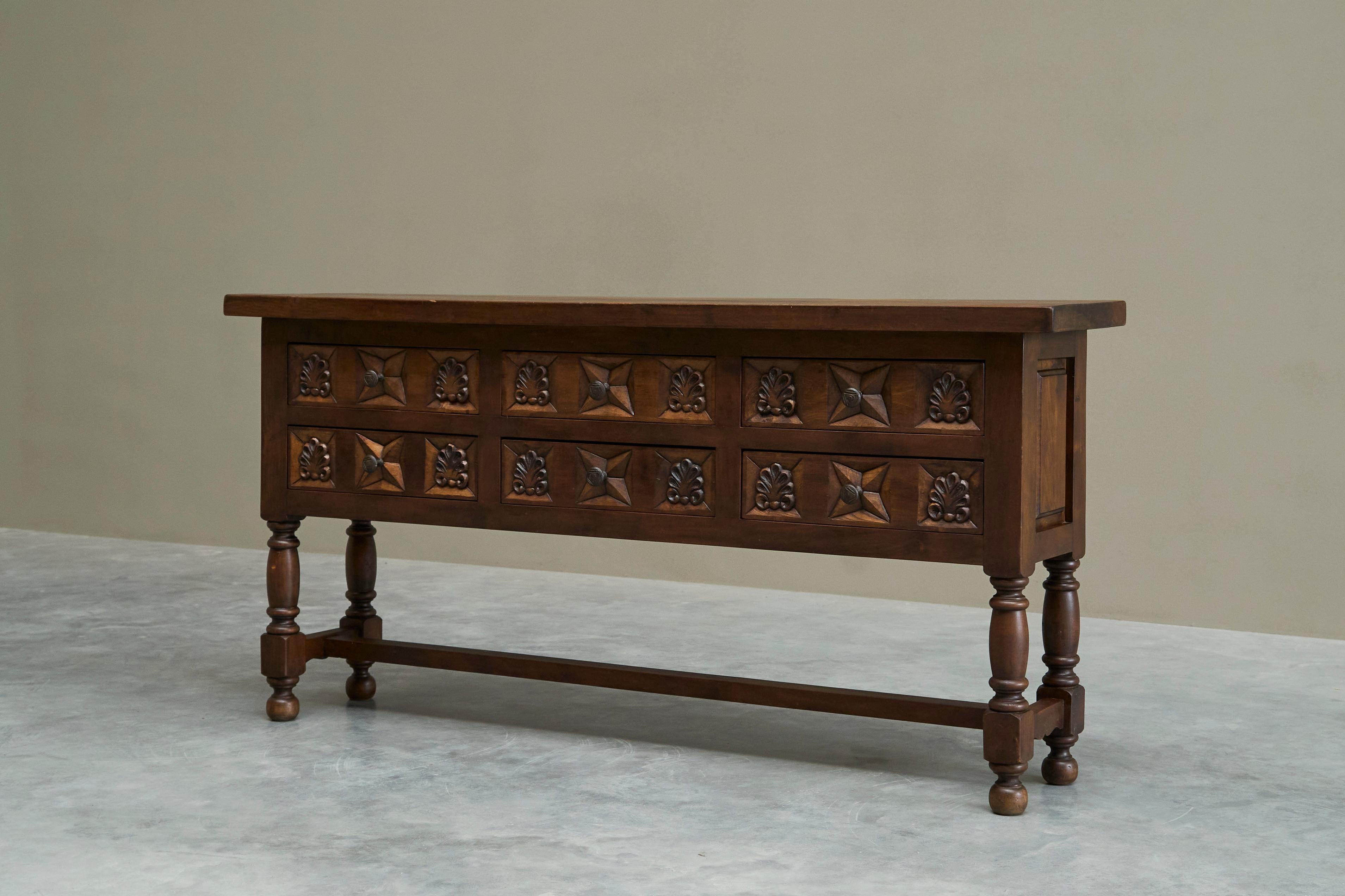 Spanish Style Sideboard in Hand Carved Solid Walnut and Wrought Iron For Sale 5