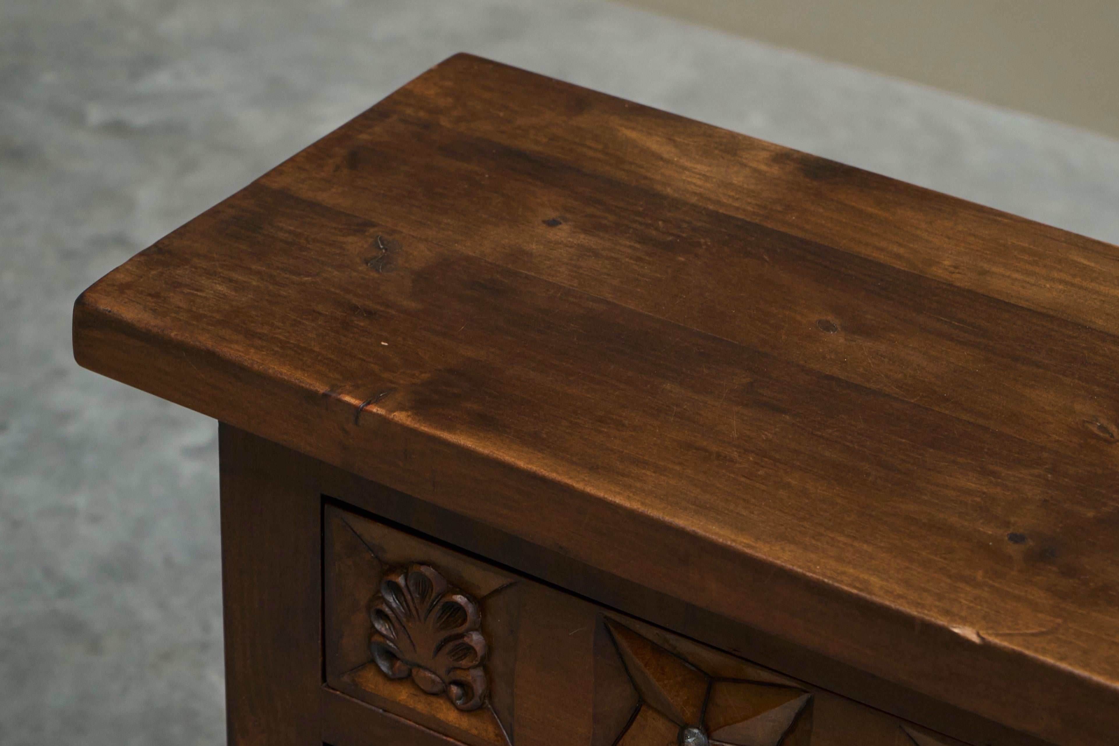 Spanish Style Sideboard in Hand Carved Solid Walnut and Wrought Iron For Sale 6