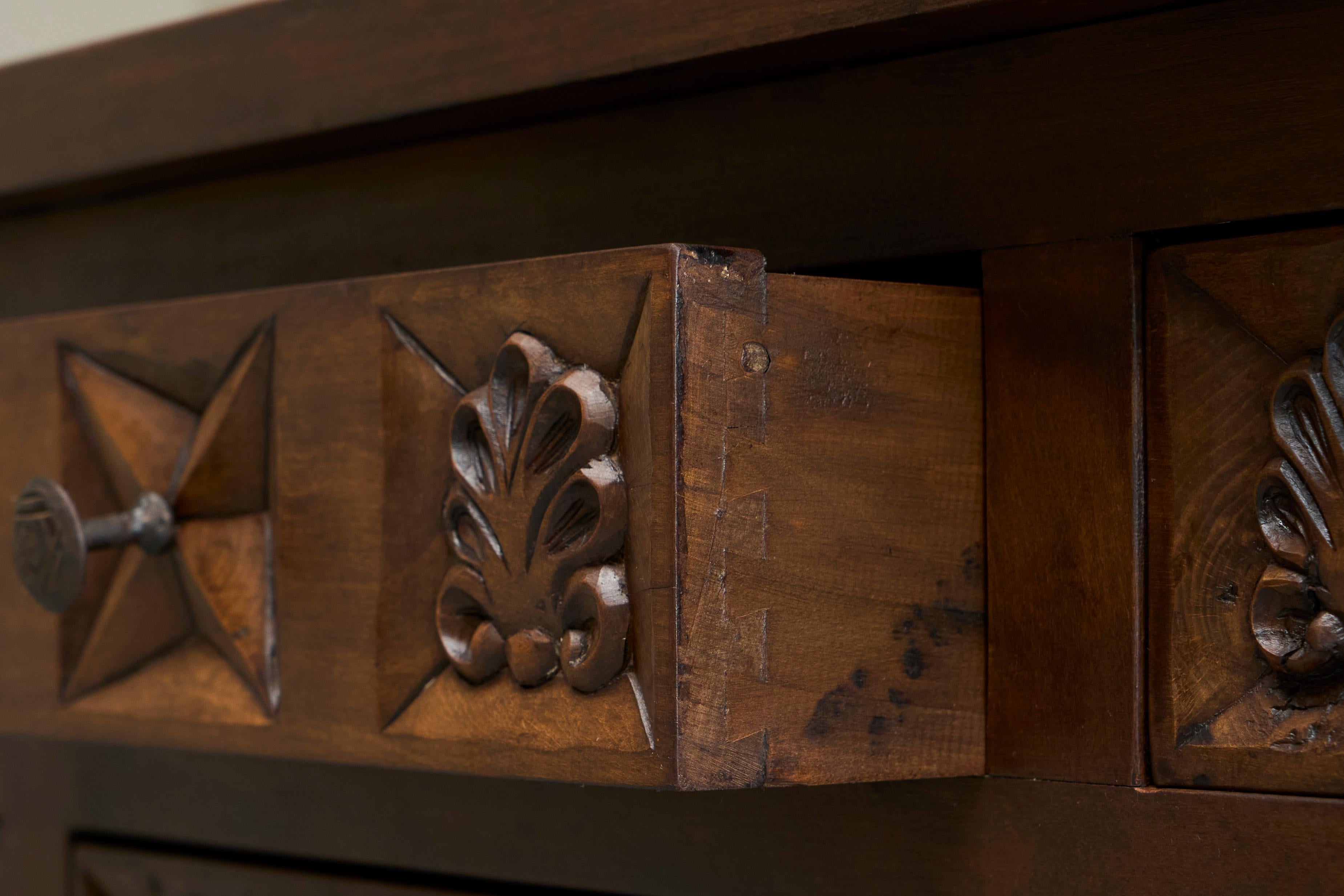 Spanish Style Sideboard in Hand Carved Solid Walnut and Wrought Iron For Sale 7