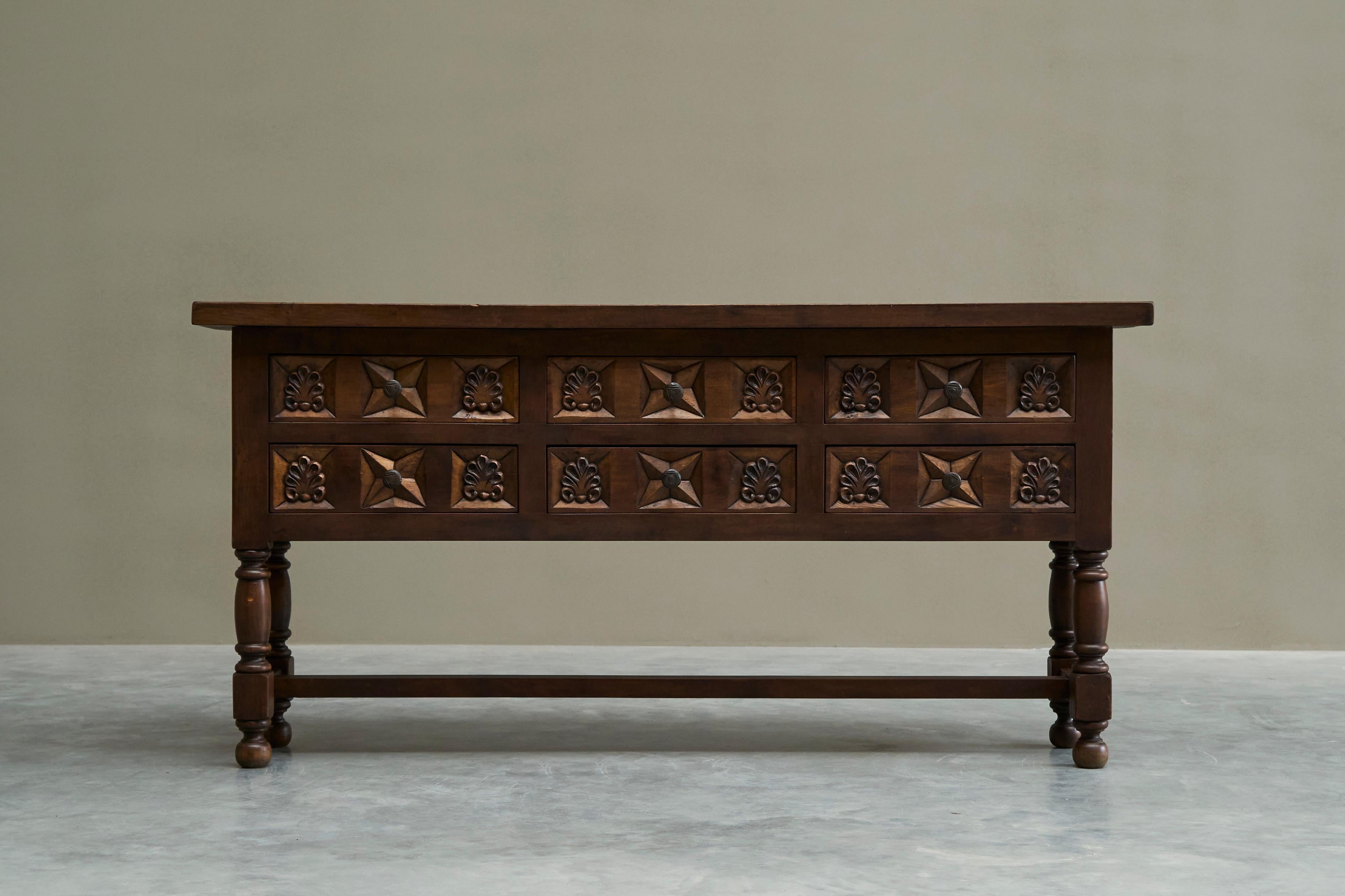 Hand-Carved Spanish Style Sideboard in Hand Carved Solid Walnut and Wrought Iron For Sale