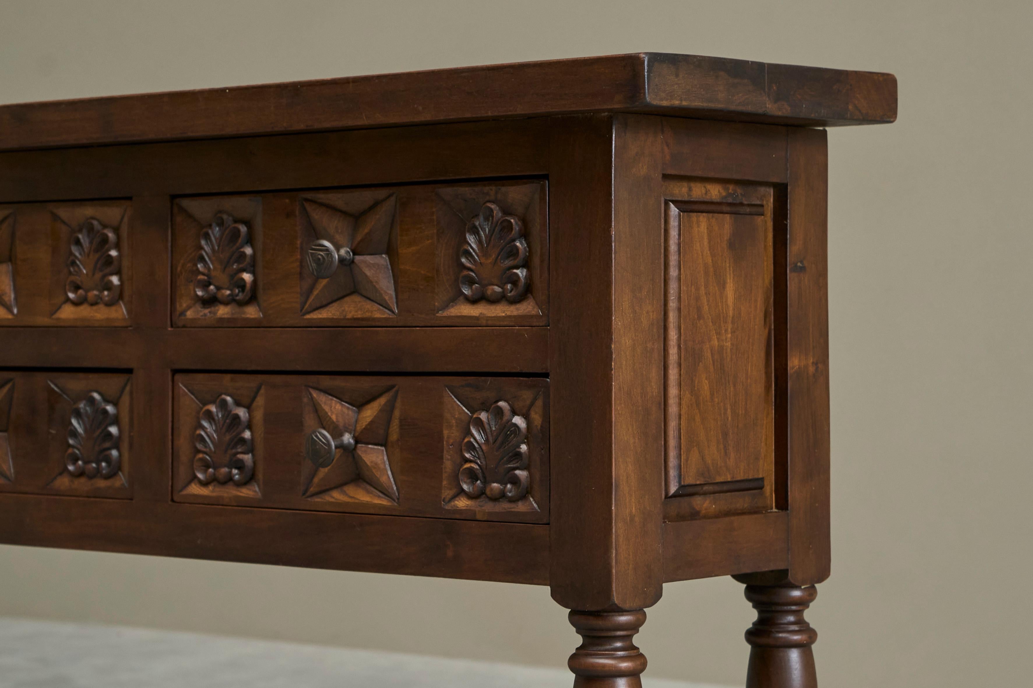 Spanish Style Sideboard in Hand Carved Solid Walnut and Wrought Iron For Sale 1