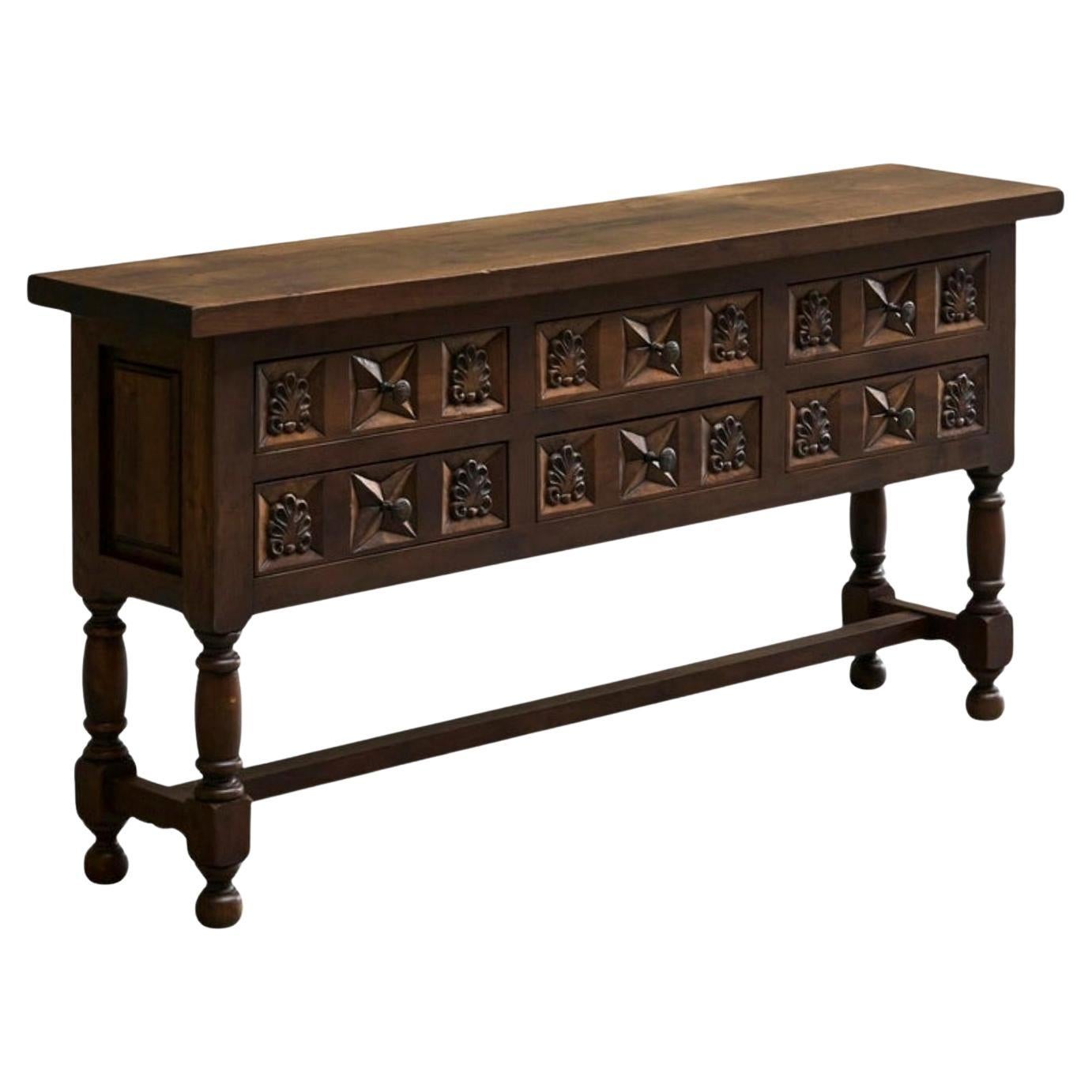 Spanish Style Sideboard in Hand Carved Solid Walnut and Wrought Iron For Sale