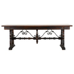 Spanish Style Table with Wrought Iron Stretcher Base, 1920s