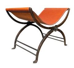 Spanish Style Wrought Iron And Leather Bench