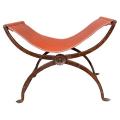 Spanish Style Wrought Iron And Leather Bench