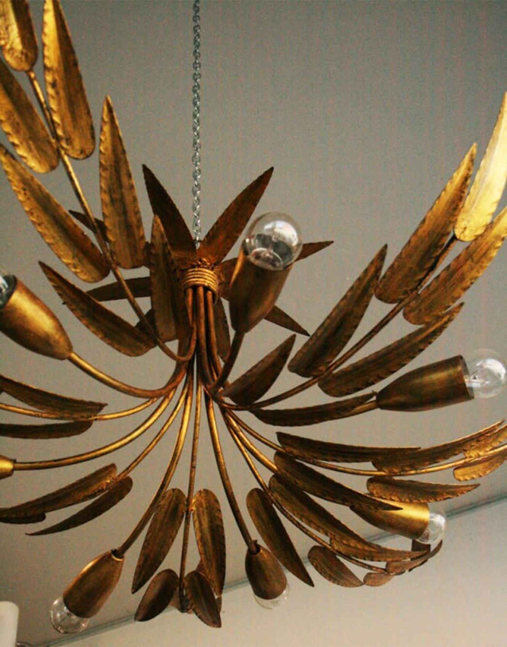 Spanish Sun Follage Lamp or Golden Iron  Gold Leaf Chandelier 1950s In Good Condition For Sale In Mombuey, Zamora