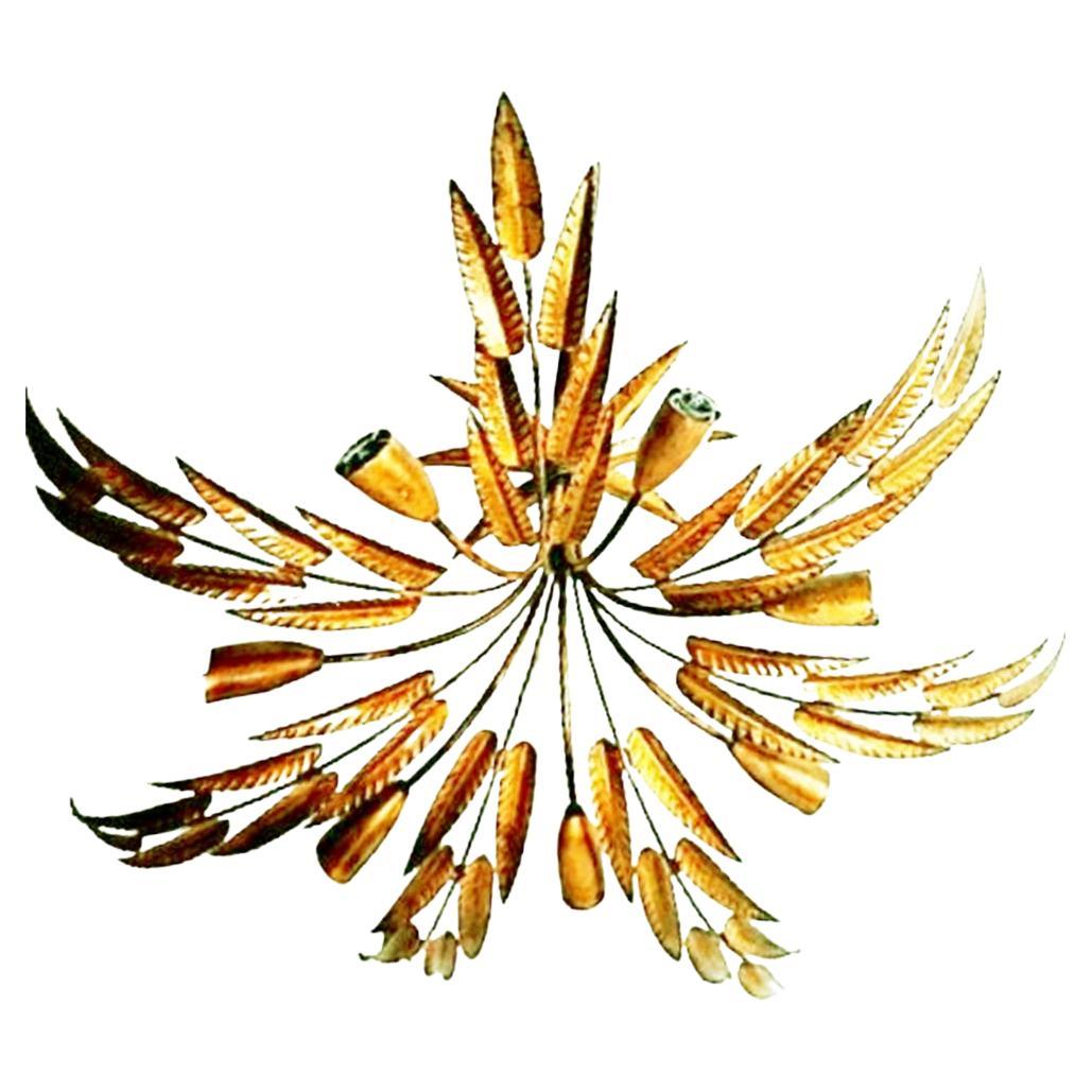 Lampe espagnole Sun Follage ou fer doré  Lustre en feuilles d'or 1950