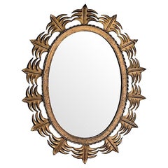 Spanish Sunburst 1950s Gilt Metal Oval Mirror with Ornate Edging