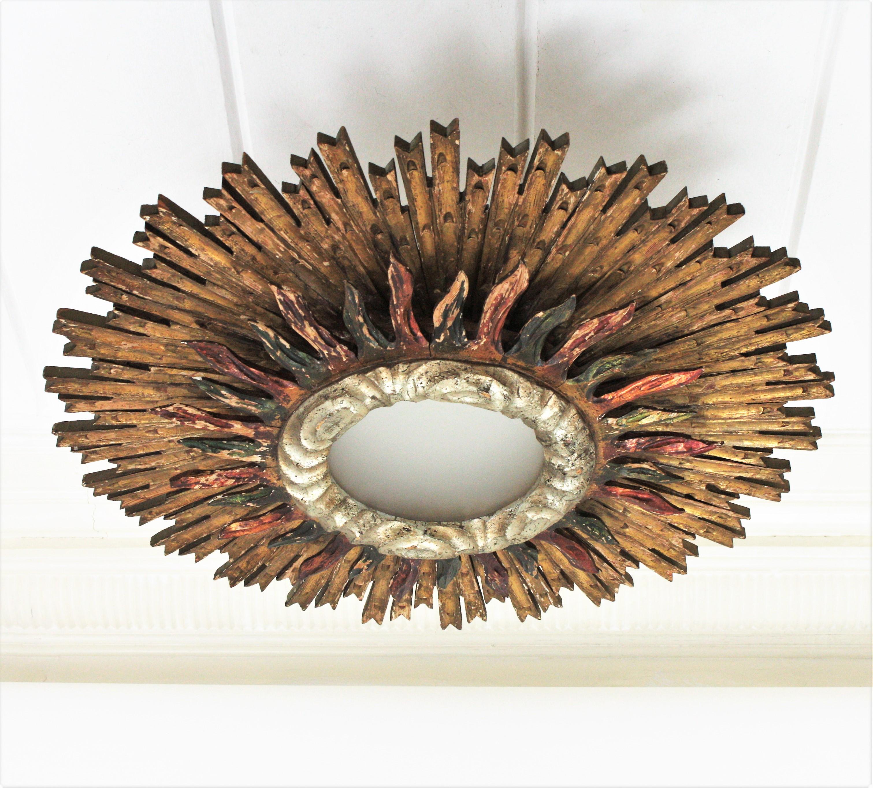 Spanish Sunburst Ceiling Light Fixture in Giltwood, Baroque Style 3