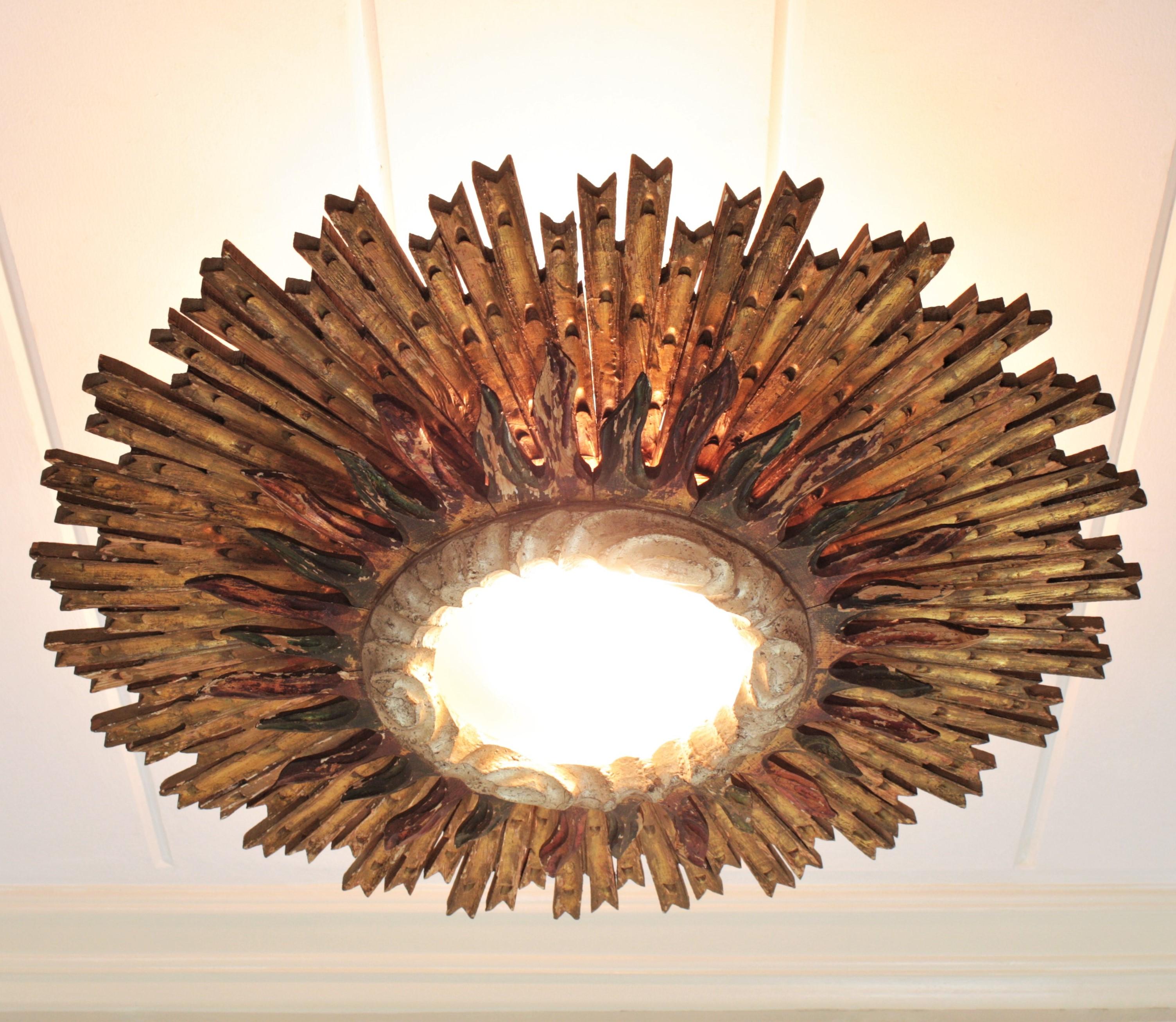 Spanish Sunburst Ceiling Light Fixture in Giltwood, Baroque Style 4