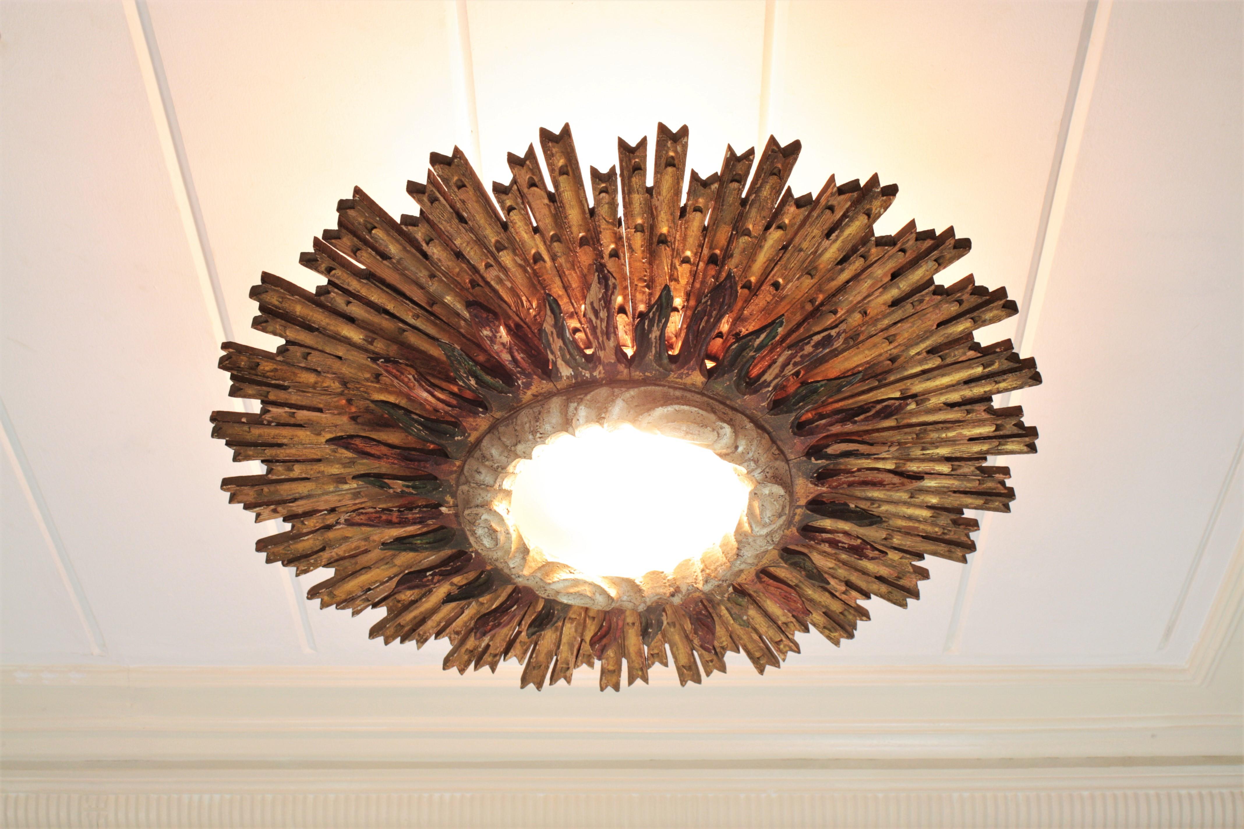 Spanish Sunburst Ceiling Light Fixture in Giltwood, Baroque Style 9