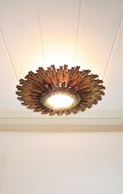 Spanish Sunburst Ceiling Light Fixture in Giltwood, Baroque Style