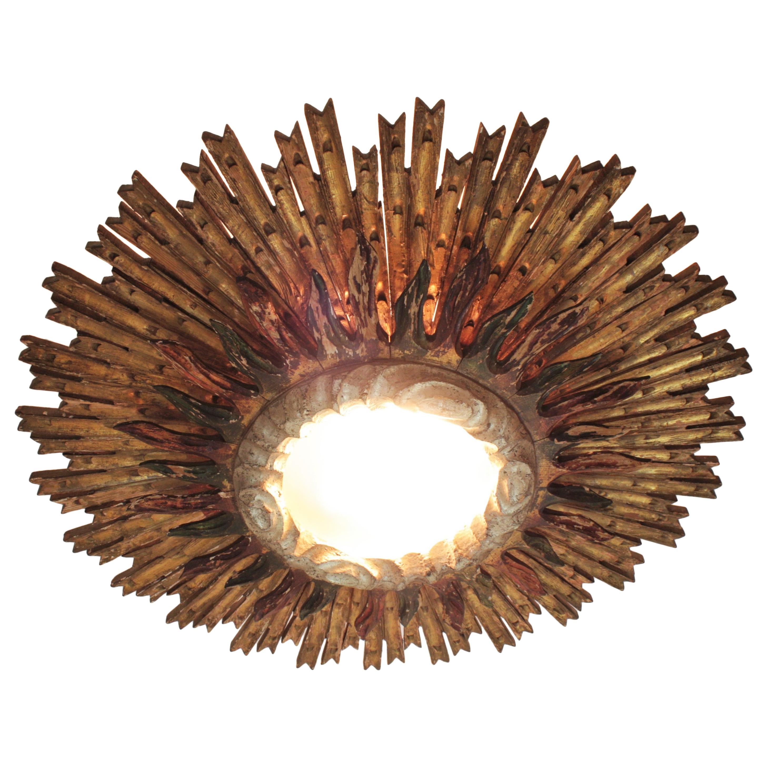 Carved Spanish Sunburst Ceiling Light Fixture in Giltwood, Baroque Style