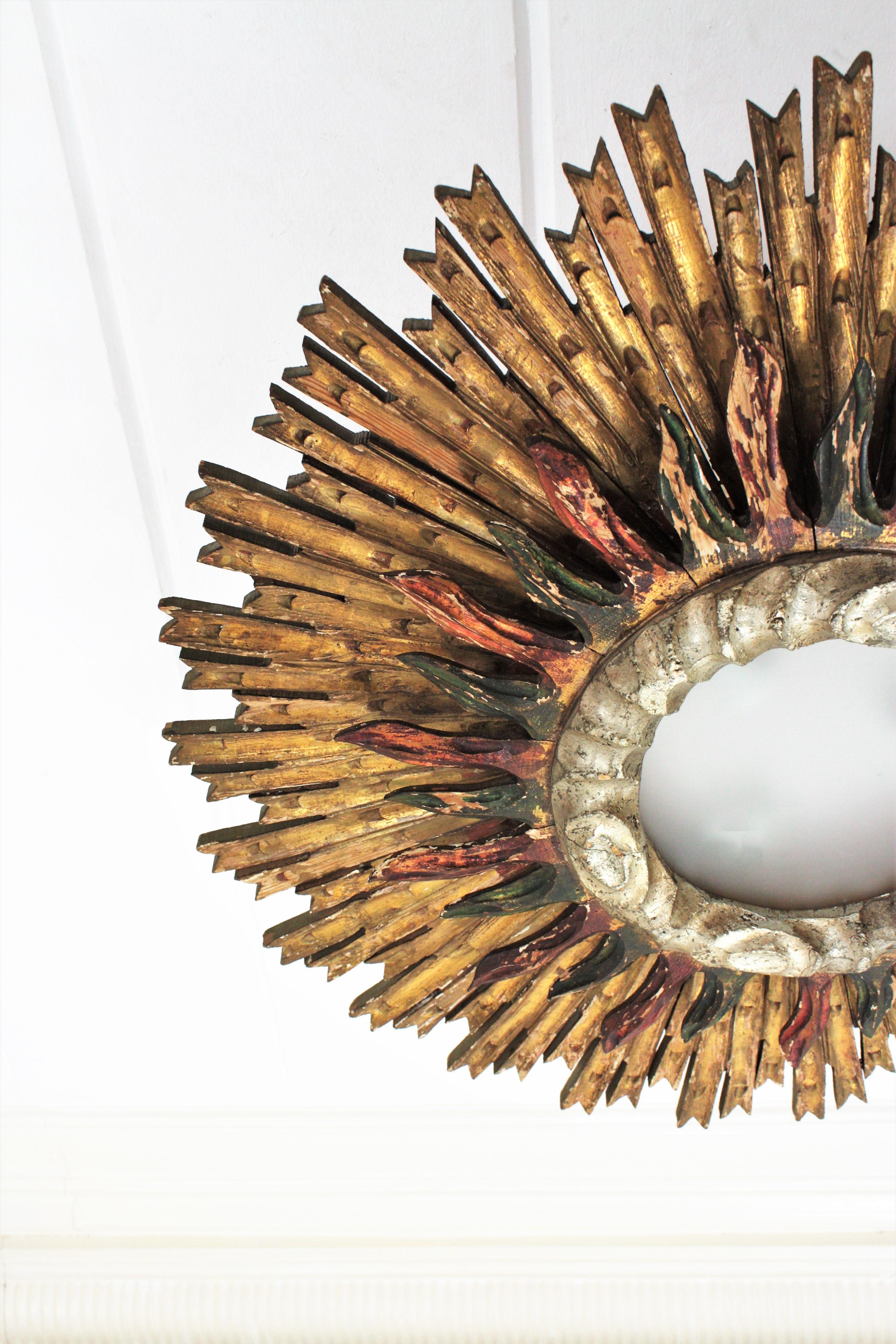 Spanish Sunburst Ceiling Light Fixture in Giltwood, Baroque Style 2