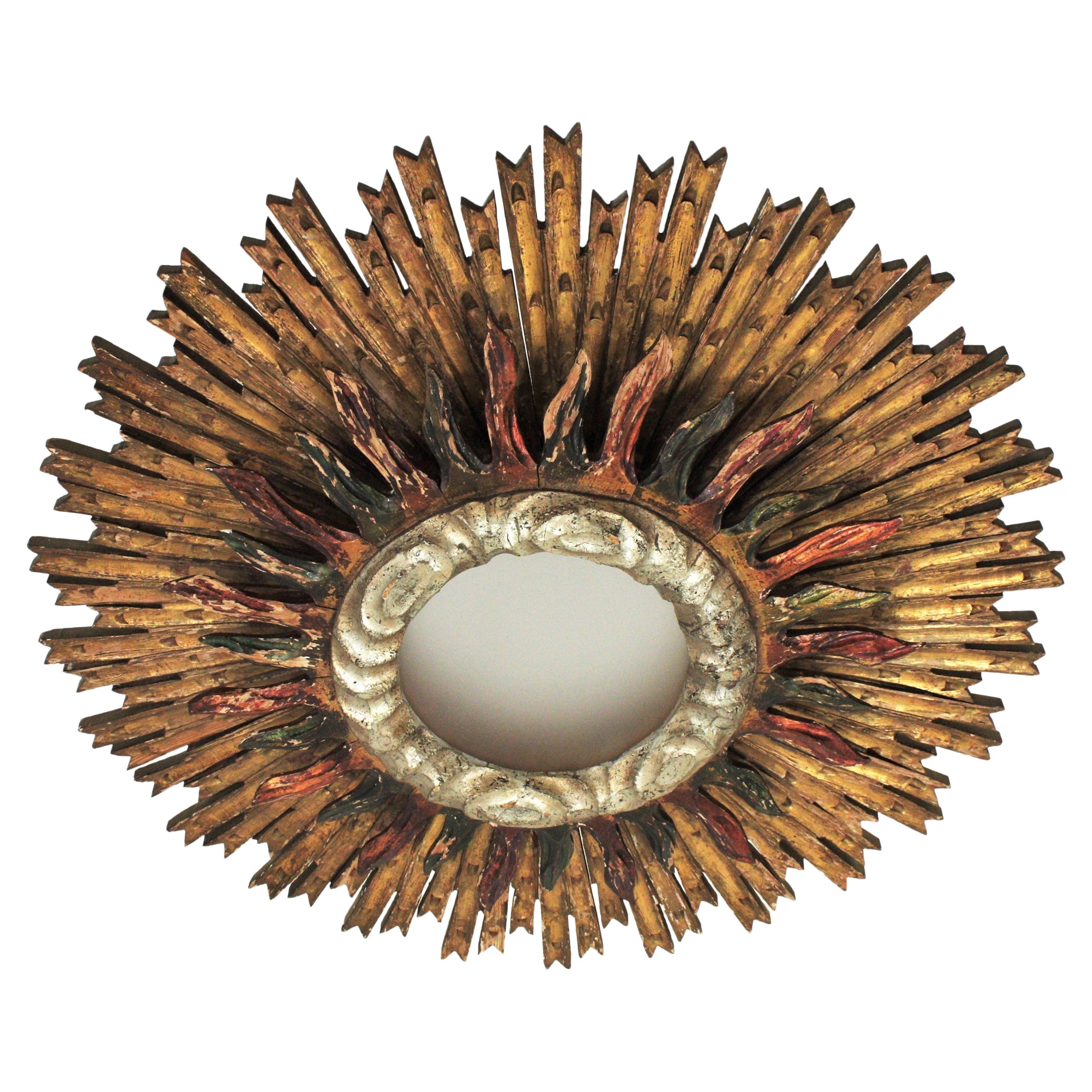 Spanish Sunburst Ceiling Light Fixture in Giltwood, Baroque Style