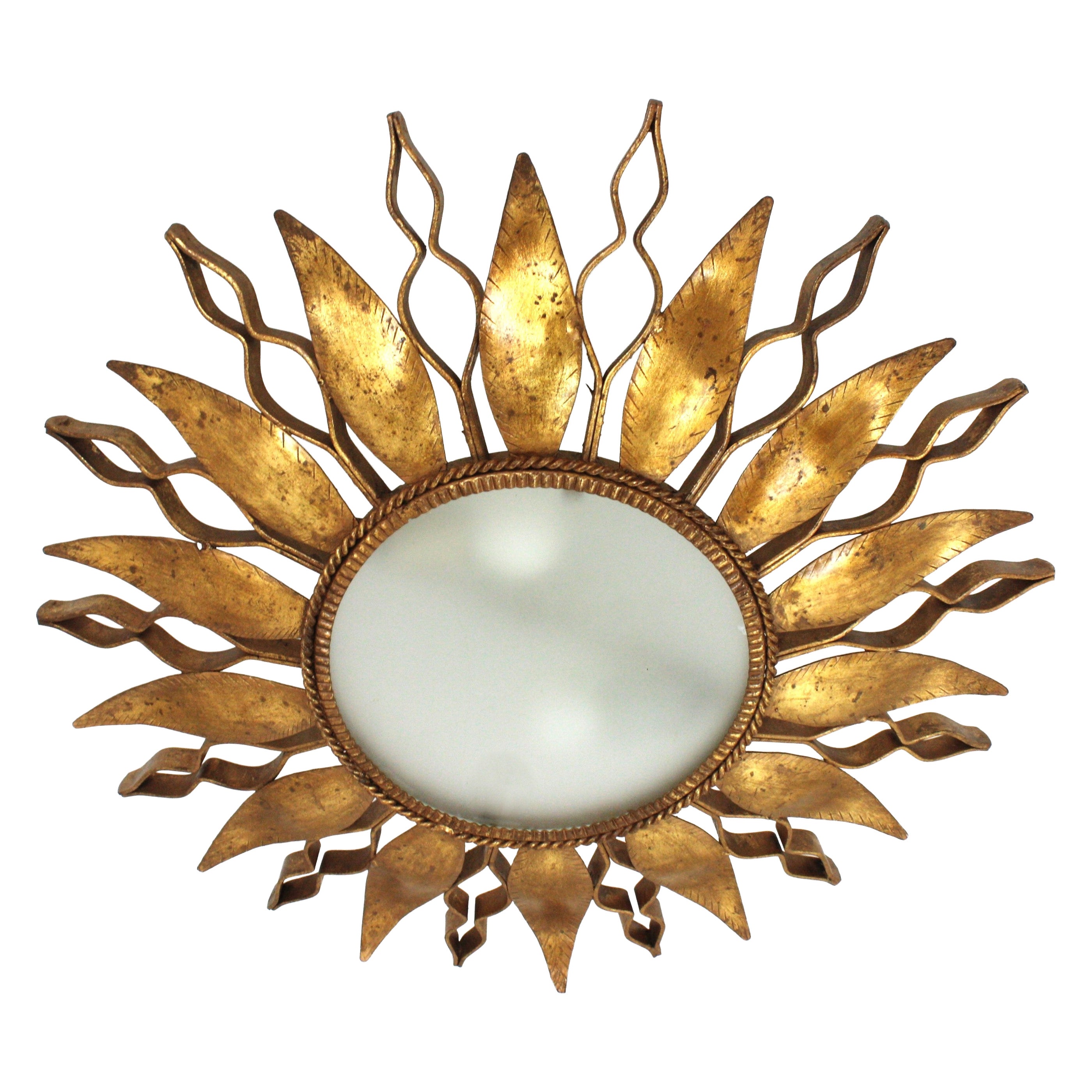 Spanish Sunburst Ceiling Light Fixture in Gilt Wrought Iron and Glass, 1950s