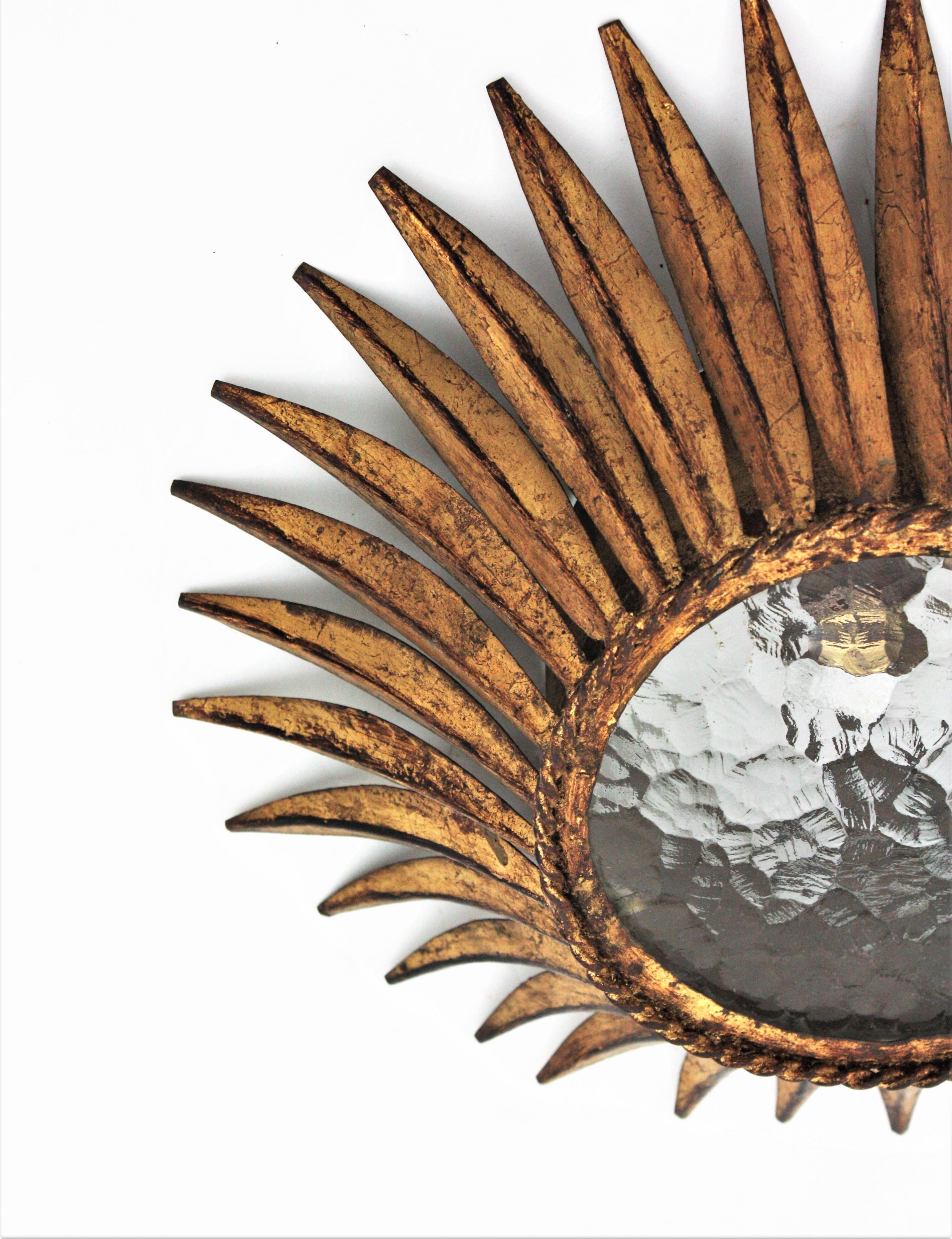 Spanish Sunburst Crown Ceiling Light Fixture, Gilt Iron and Textured Glass For Sale 2
