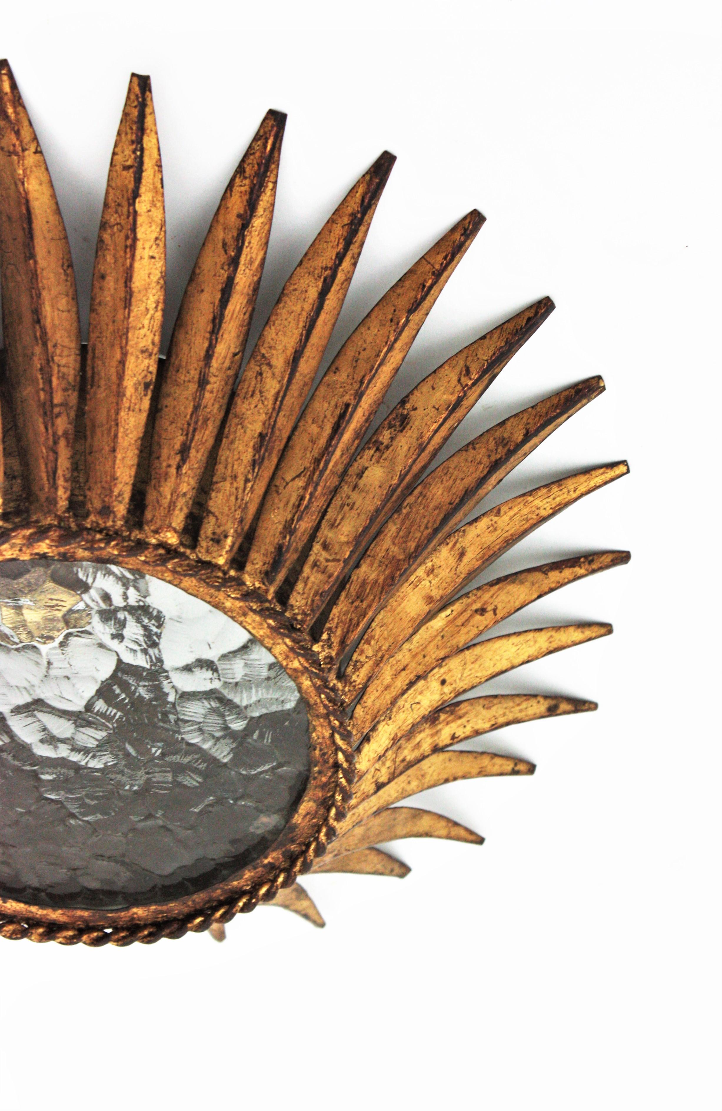 Spanish Sunburst Crown Ceiling Light Fixture, Gilt Iron and Textured Glass For Sale 3