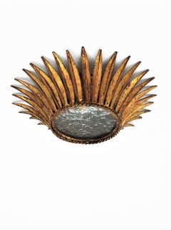 Spanish Sunburst Crown Ceiling Light Fixture, Gilt Iron and Textured Glass