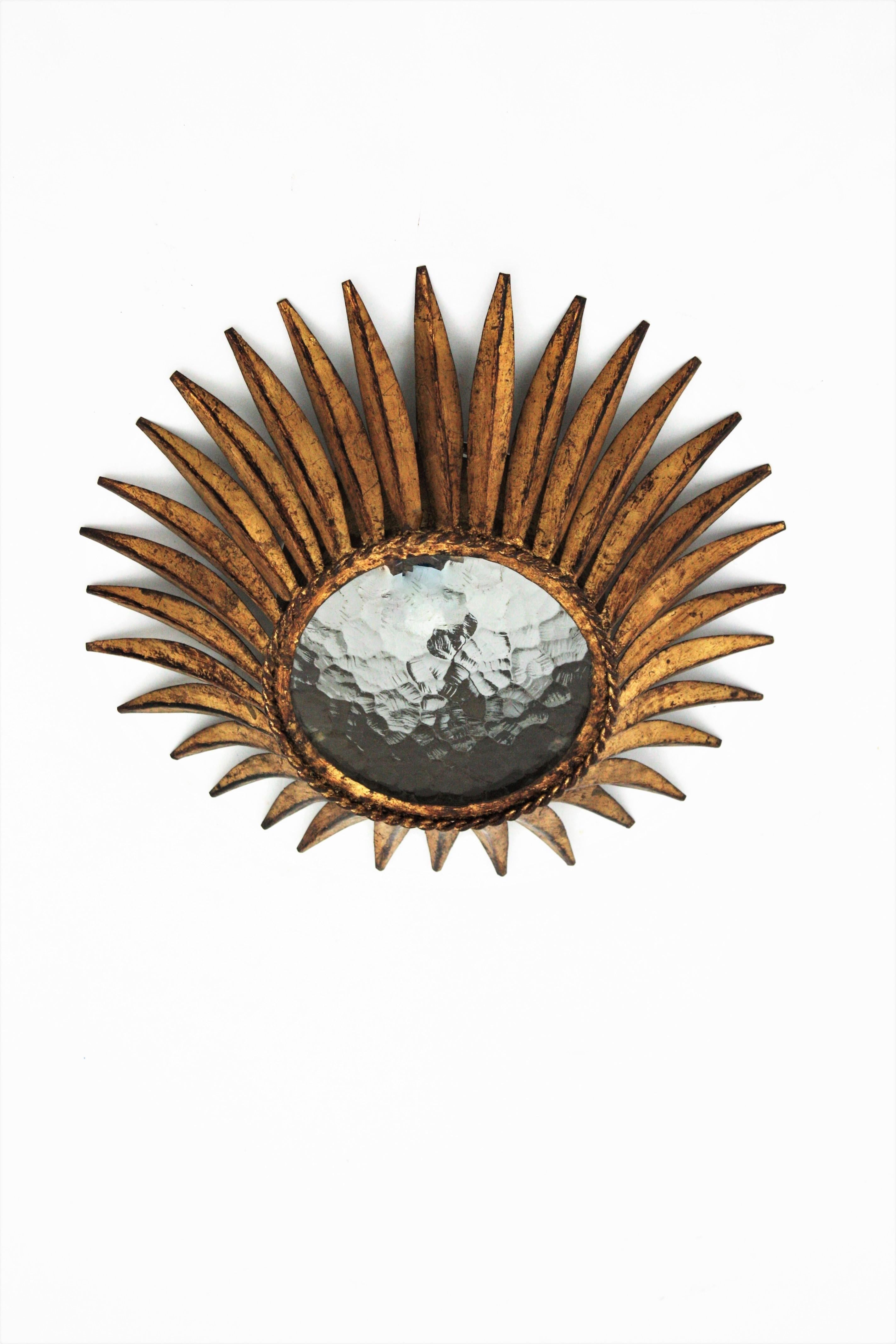 Mid-Century Modern Spanish Sunburst Crown Ceiling Light Fixture, Gilt Iron and Textured Glass For Sale